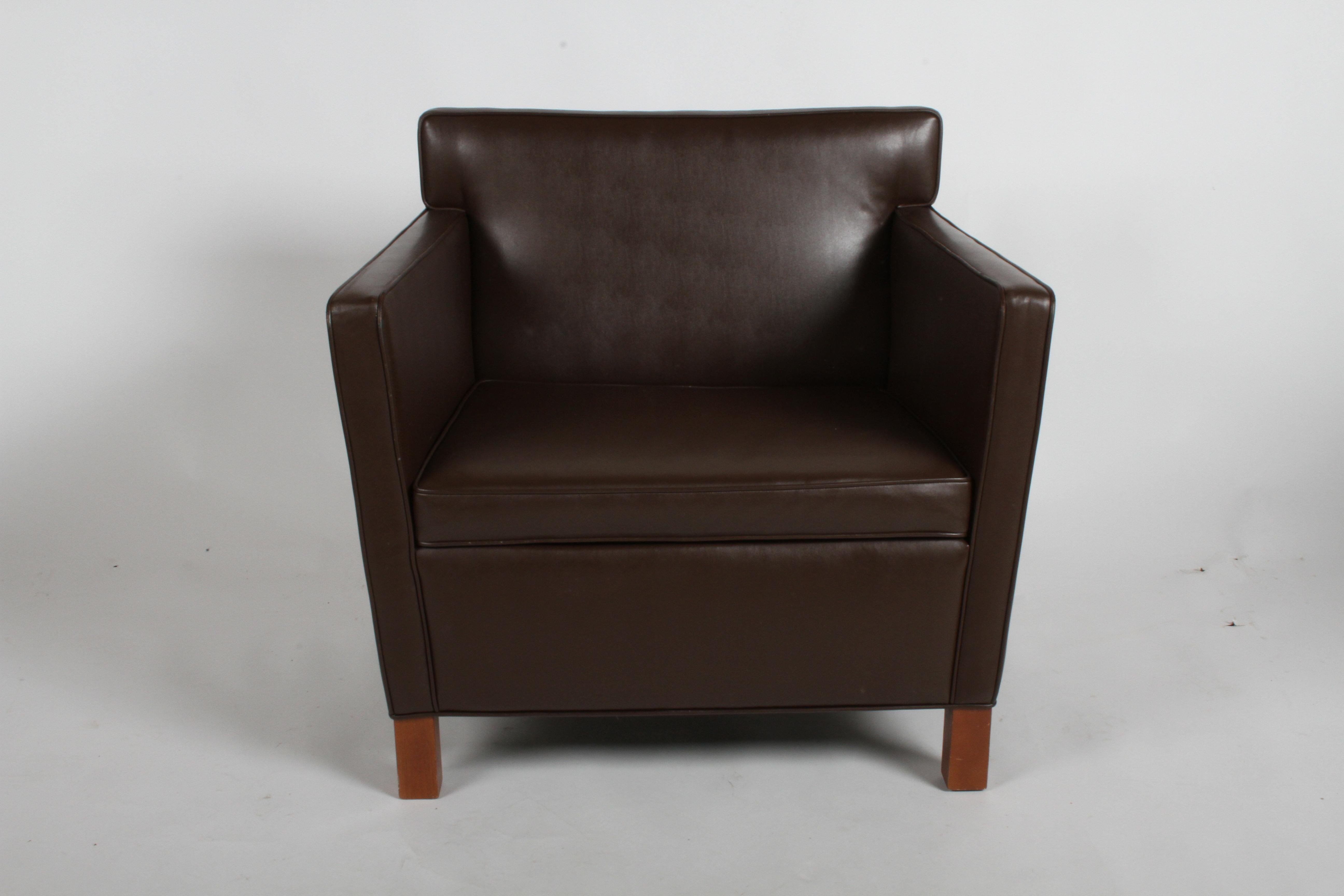 Mies van der Rohe Krefeld lounge or club chair for Knoll with dark brown Spineybeck leather. Recent production of 2009, based on his 1930s designs for the Esters and Lange residences in Krefeld, Germany. Leather shows wear to arms, especially to the