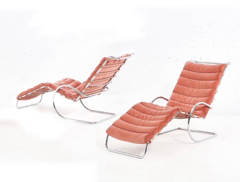 Ludwig Mies van der Rohe MR adjustable chaise, Knoll 1980.  Ludwig Mies van der Rohe coral pink velvet cushions with leather strapping.  Adjustable MR lounge chair chaise.  Chairs are individually priced.