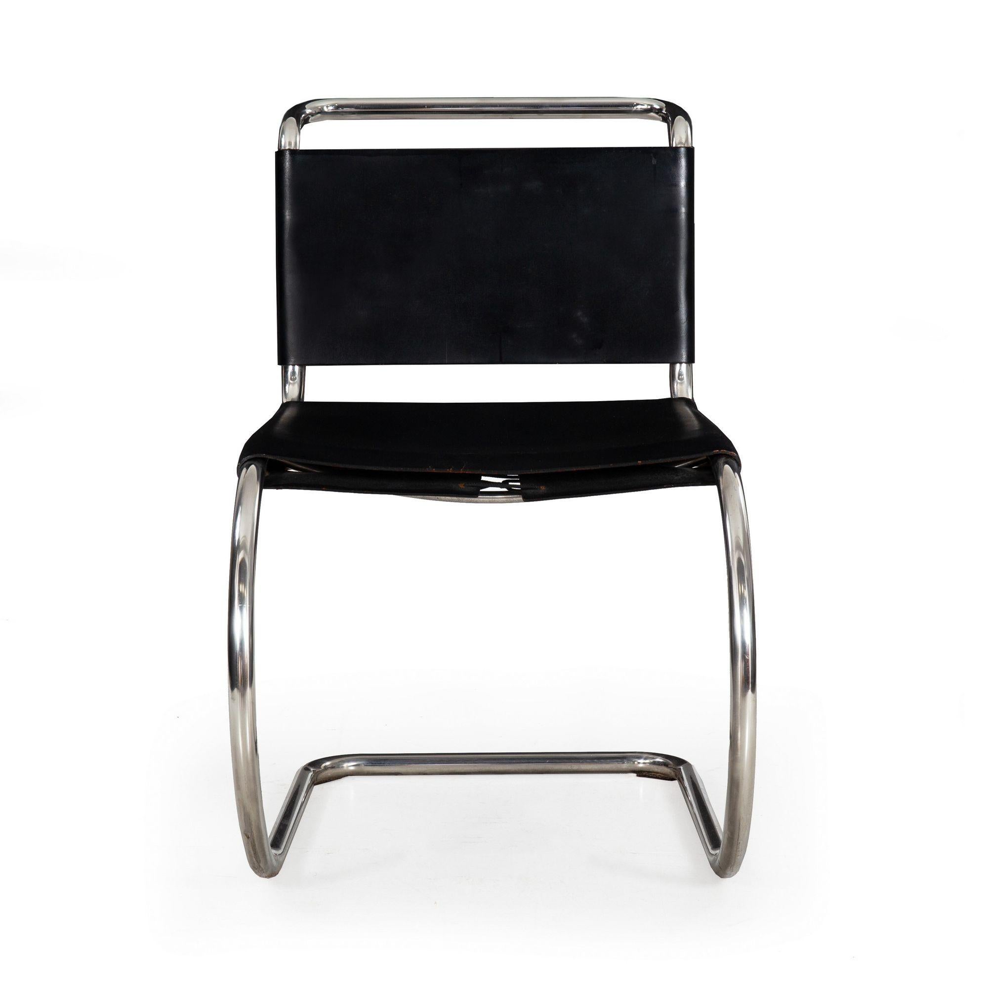 LUDWIG MIES VAN DER ROHE MR10 BLACK LEATHER AND CHROMED STEEL DINING CHAIR
Unmarked, circa 1960s
Item # 209XDH29P

A single example of the iconic MR10 dining chair designed by Ludwig Mies van der Rohe in 1927, it was manufactured during the 1960s