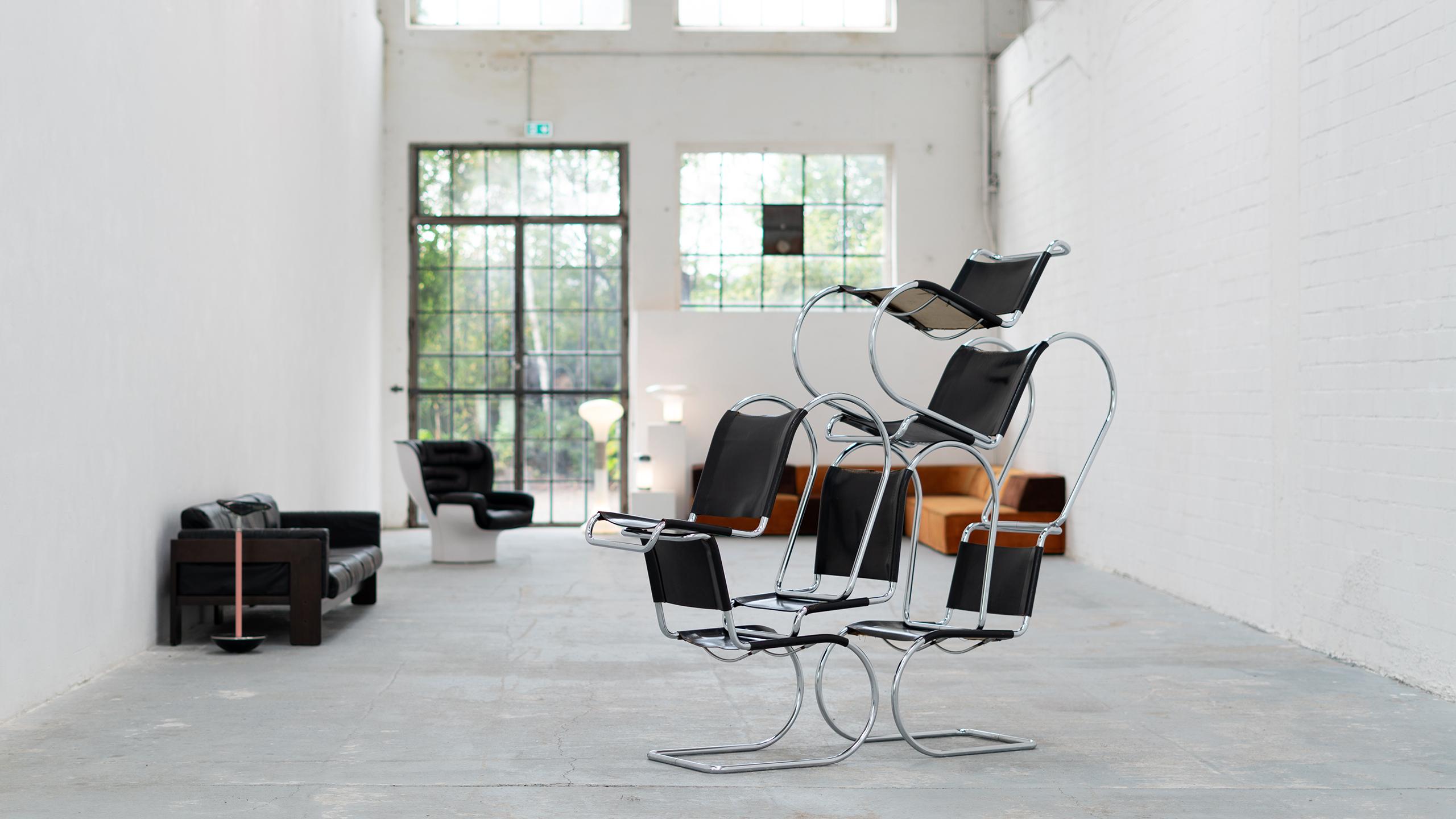 Set of 6 MR10 cantilever chairs by Ludwig Mies Van der Rohe for Thonet.

Mies Van der Rohe first showed his cantilever chair in 1927 at the Weißenhofsiedlung, Germany.

Inspired by the cantilever chairs of Mart Stam and Marcel Breuer, Ludwig Mies