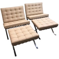 Used Ludwig Mies van der Rohe  2- pair of Knoll Parchment Barcelona Chairs + Ottomans