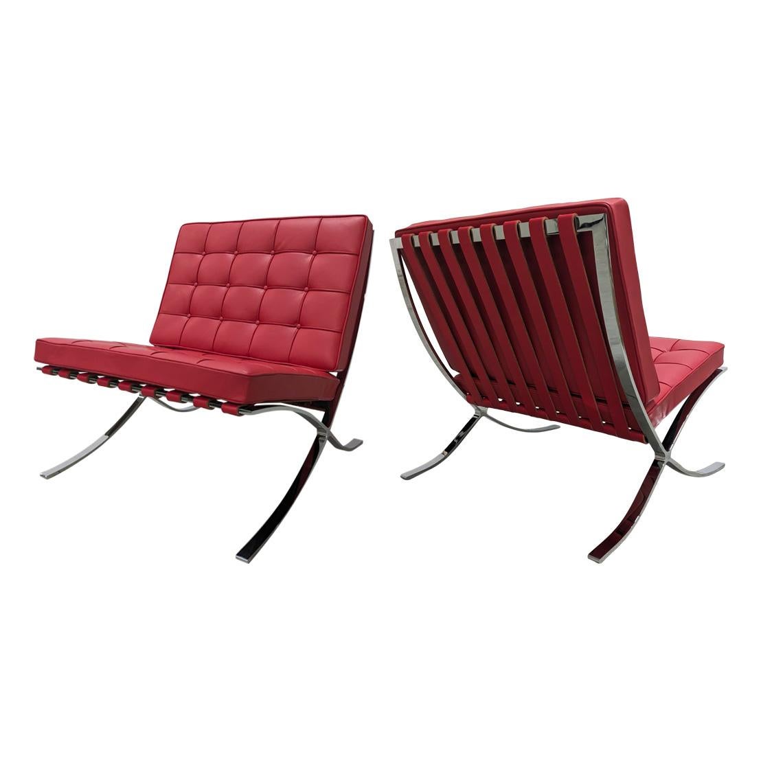 Bauhaus Ludwig Mies Van Der Rohe Red Barcelona Lounge Chair for Knoll, 1972, Set of 2 For Sale