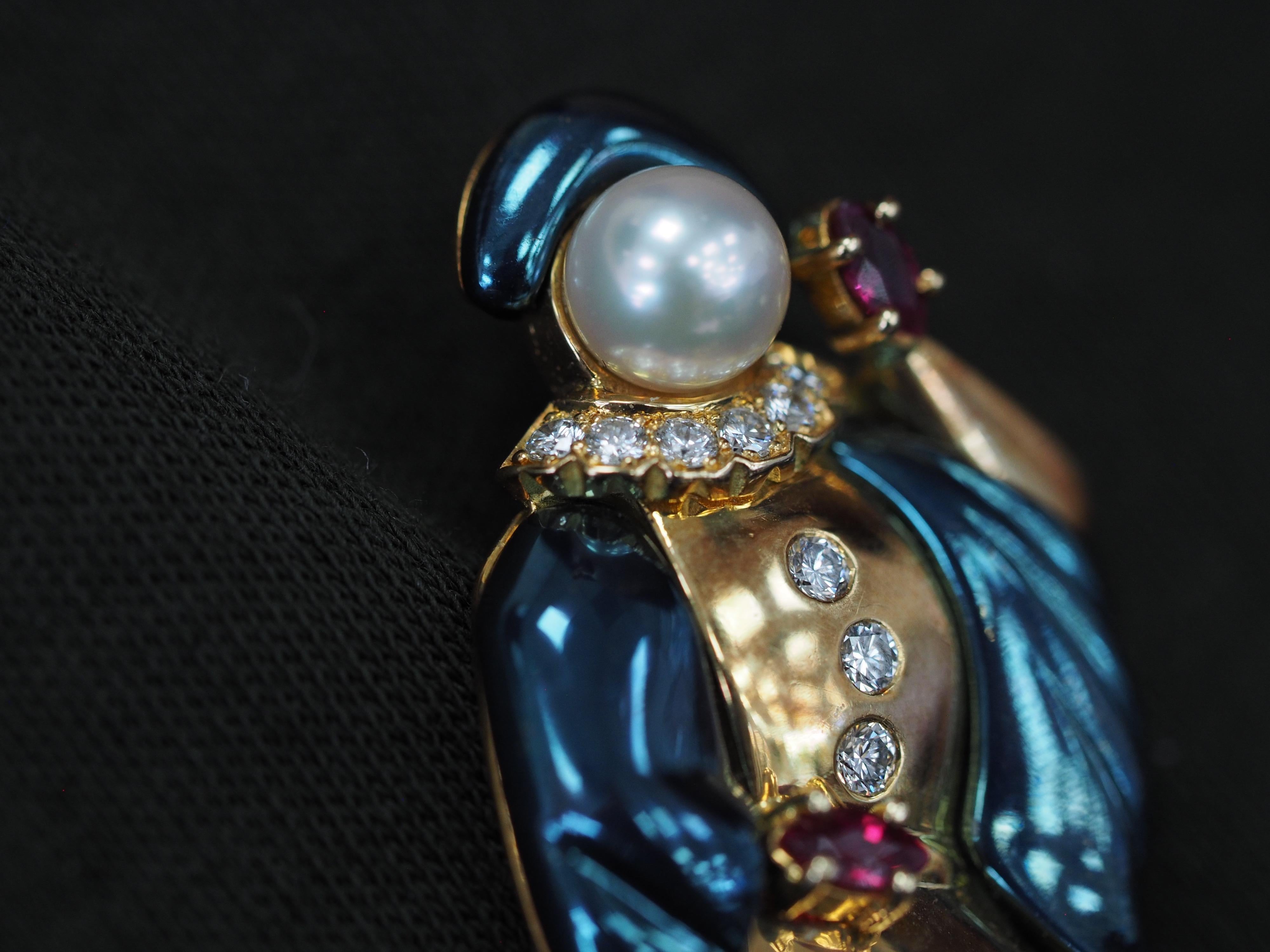 Ludwig Müller 18 Karat Blue Gold Brooch with Diamonds, Rubies and Pearls 3