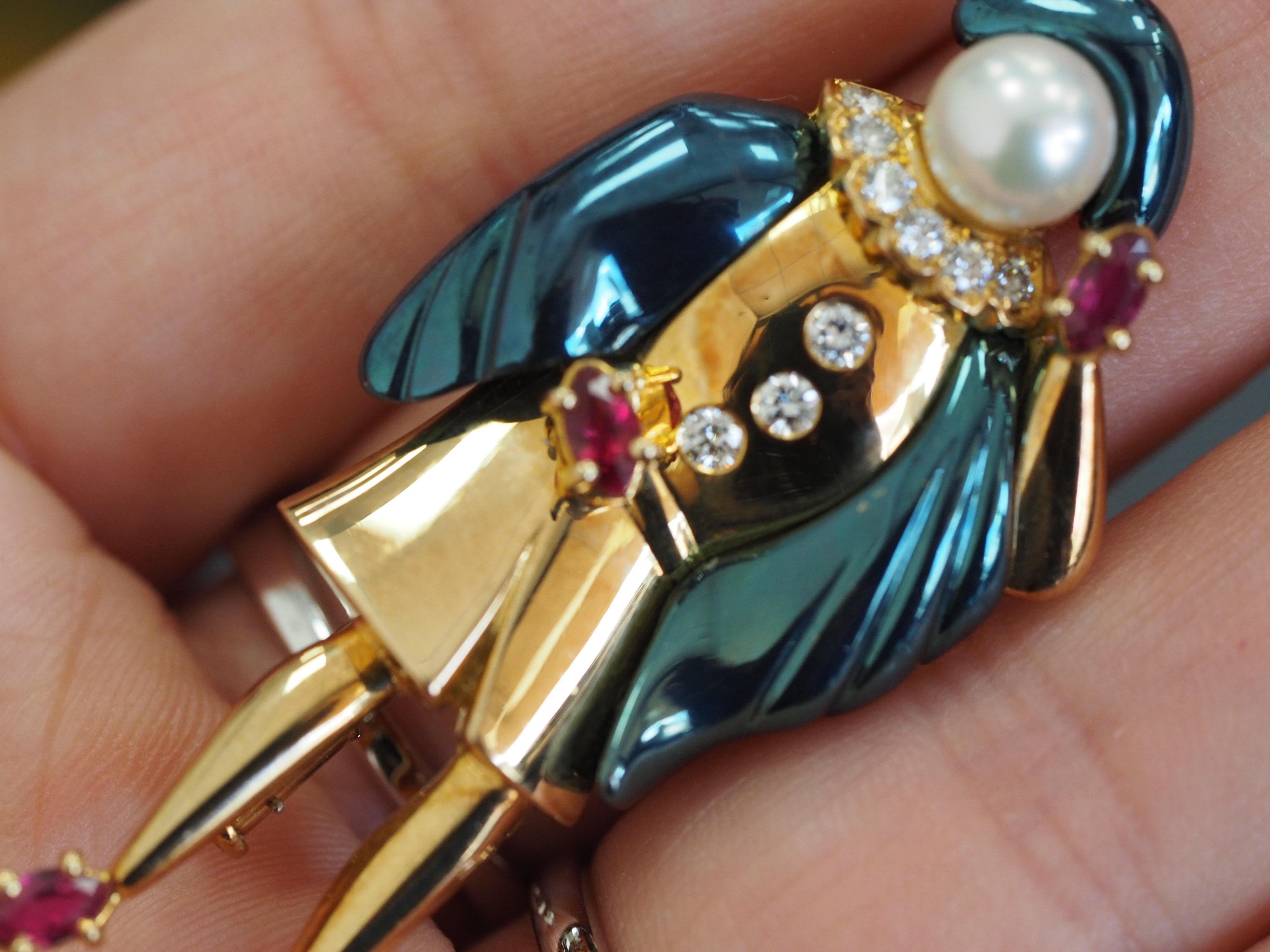Art Deco Ludwig Müller 18 Karat Blue Gold Brooch with Diamonds, Rubies and Pearls