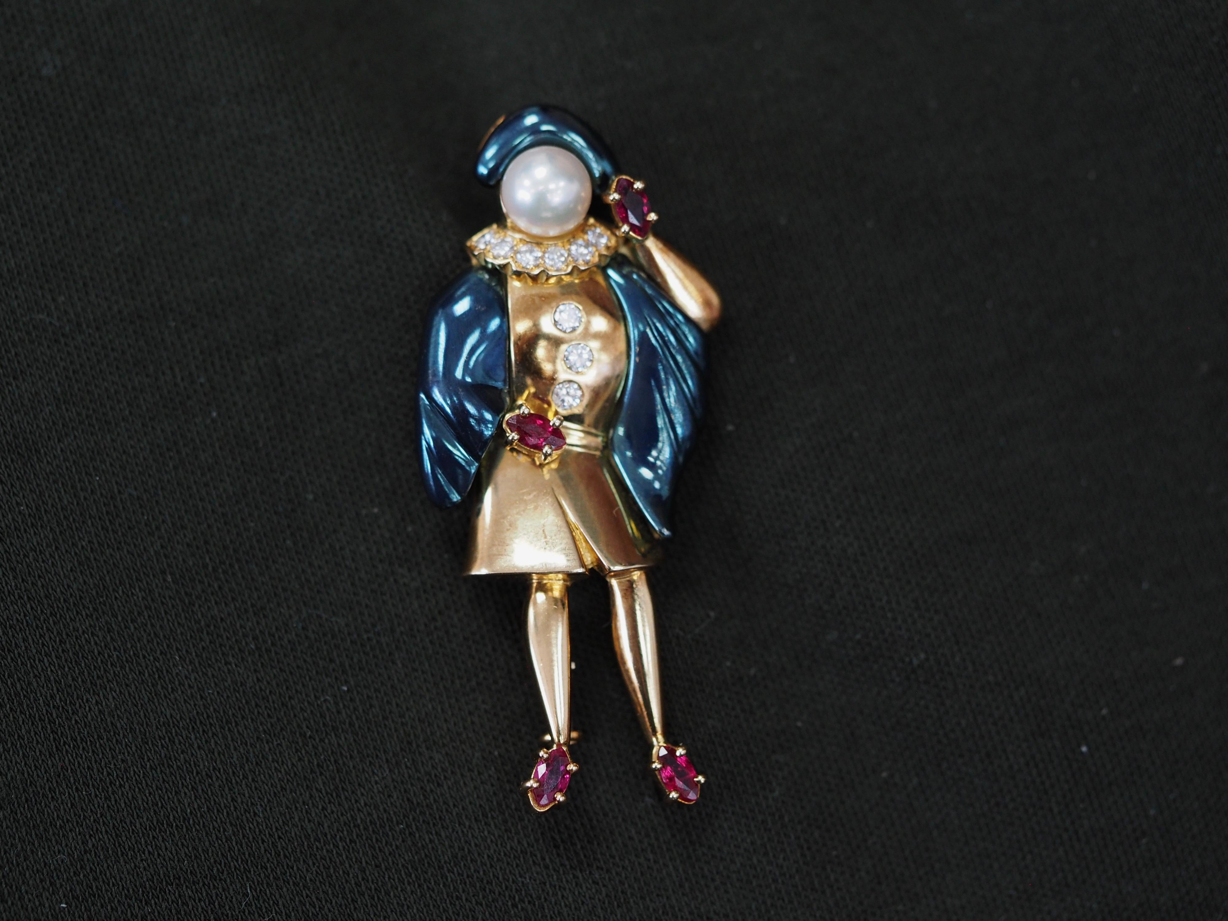 Round Cut Ludwig Müller 18 Karat Blue Gold Brooch with Diamonds, Rubies and Pearls