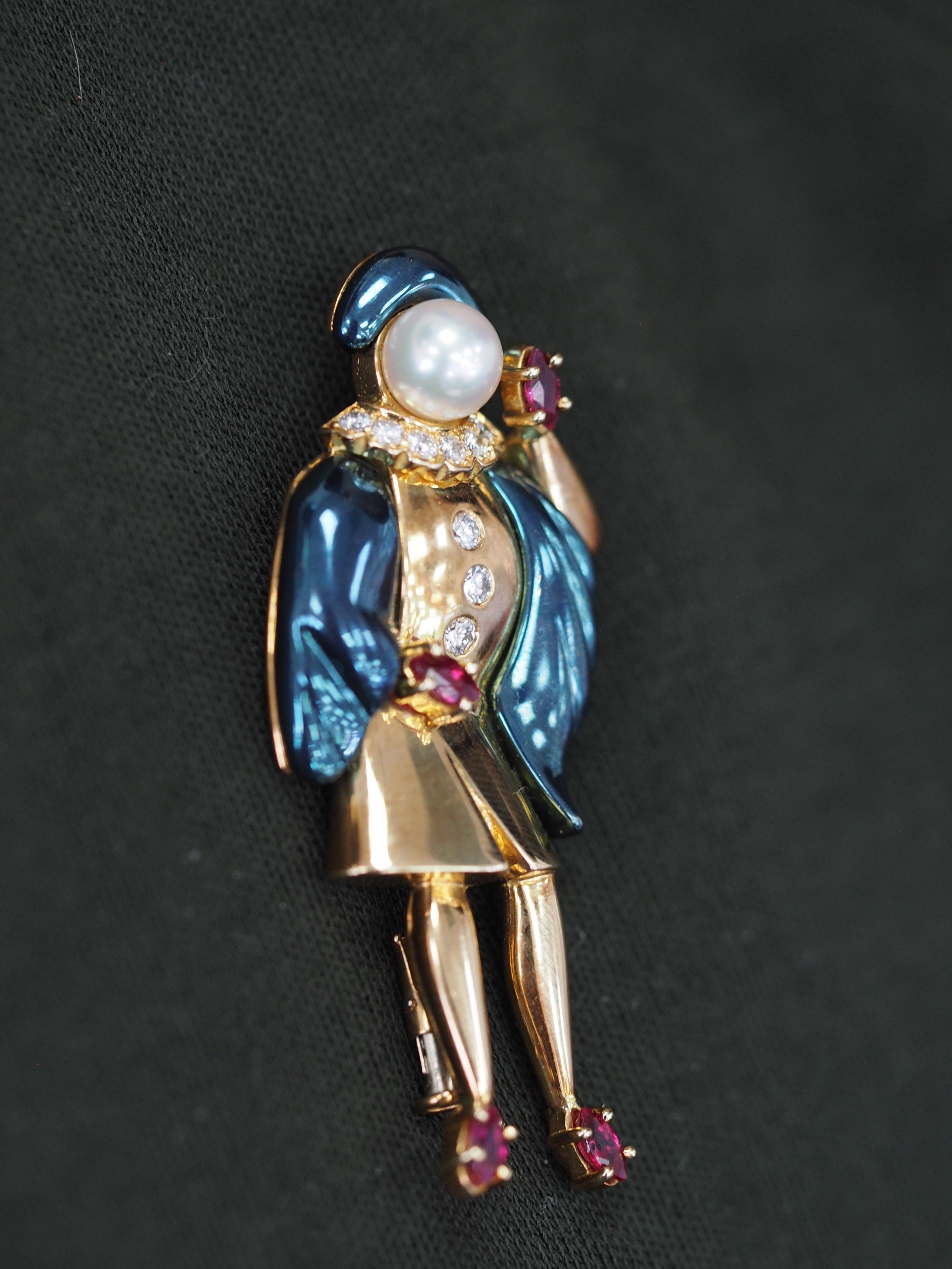 Ludwig Müller 18 Karat Blue Gold Brooch with Diamonds, Rubies and Pearls In Excellent Condition In Addison, TX