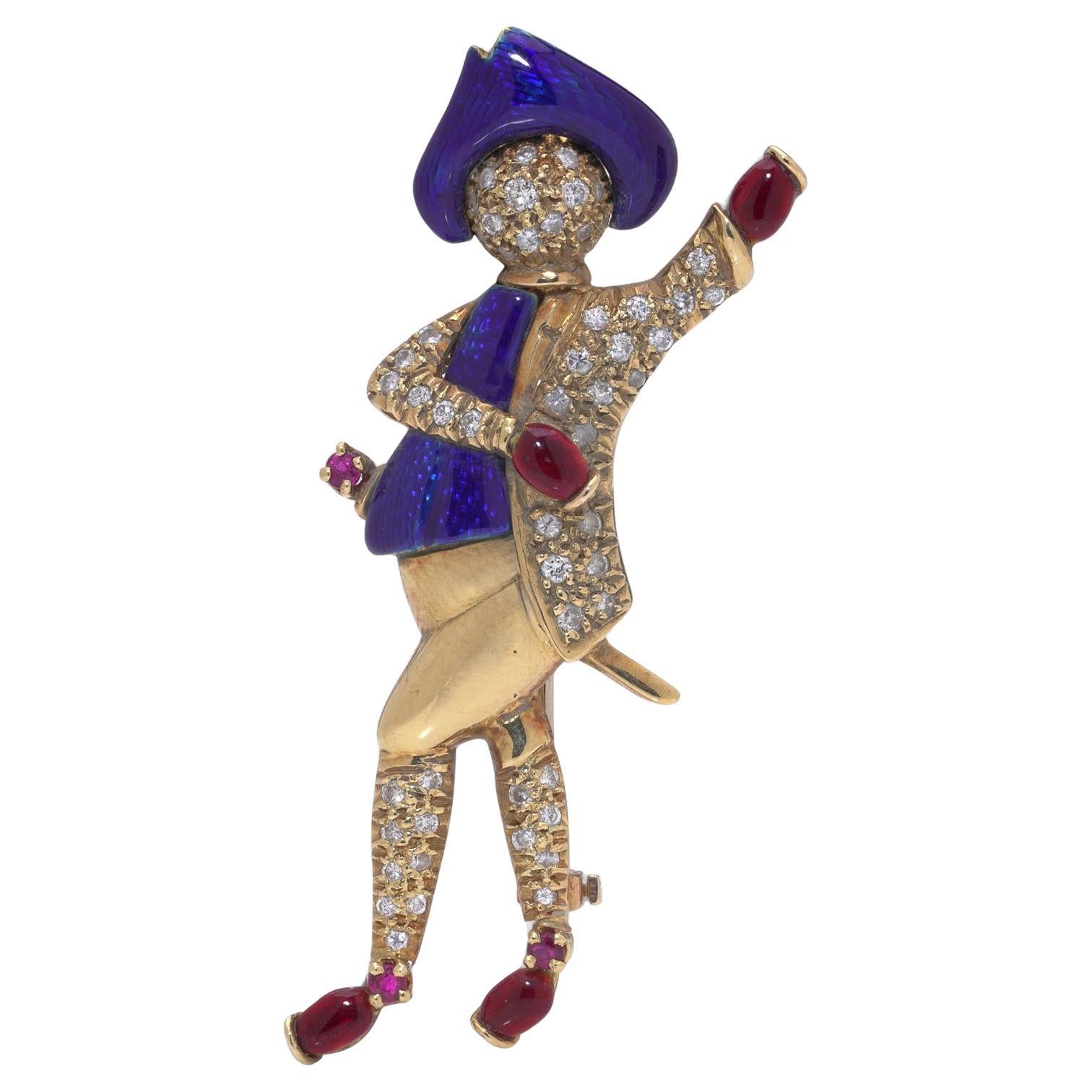 Ludwig Müller Stil 18kt Gold Diamant Rubin Emaille Figural Brosche im Angebot