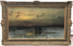 Winter Evening, original oil on canvas, impressionistic style, Circa 1880