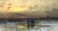 Winter Evening, original oil on canvas, impressionistic style, Circa 1880