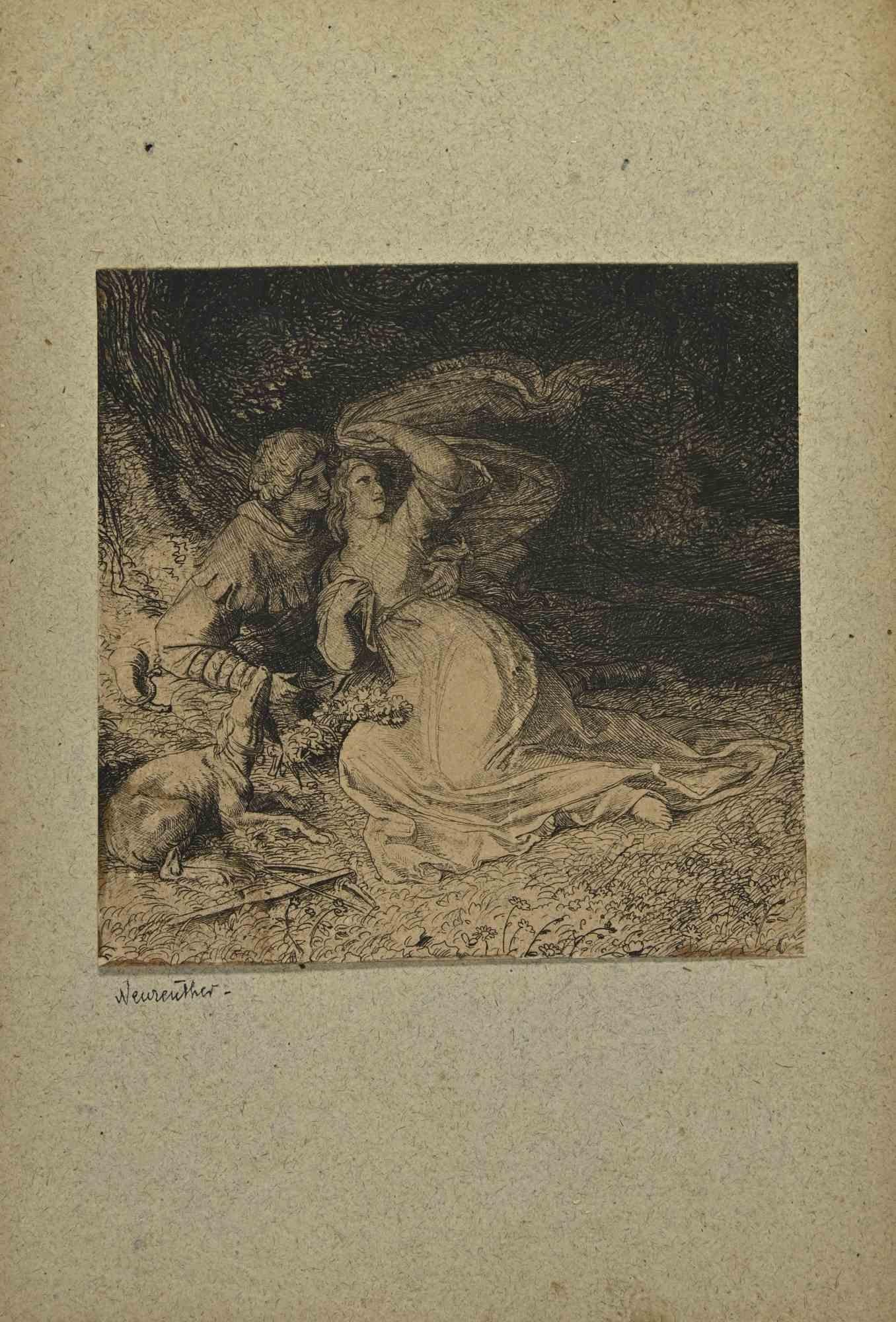 Les amoureux dans le Wood - Gravure de Ludwig Neureuther - 19e siècle