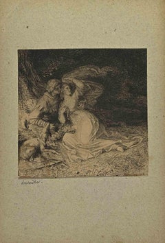 Lovers in the Wood - Etching by Ludwig Neureuther - 19th century