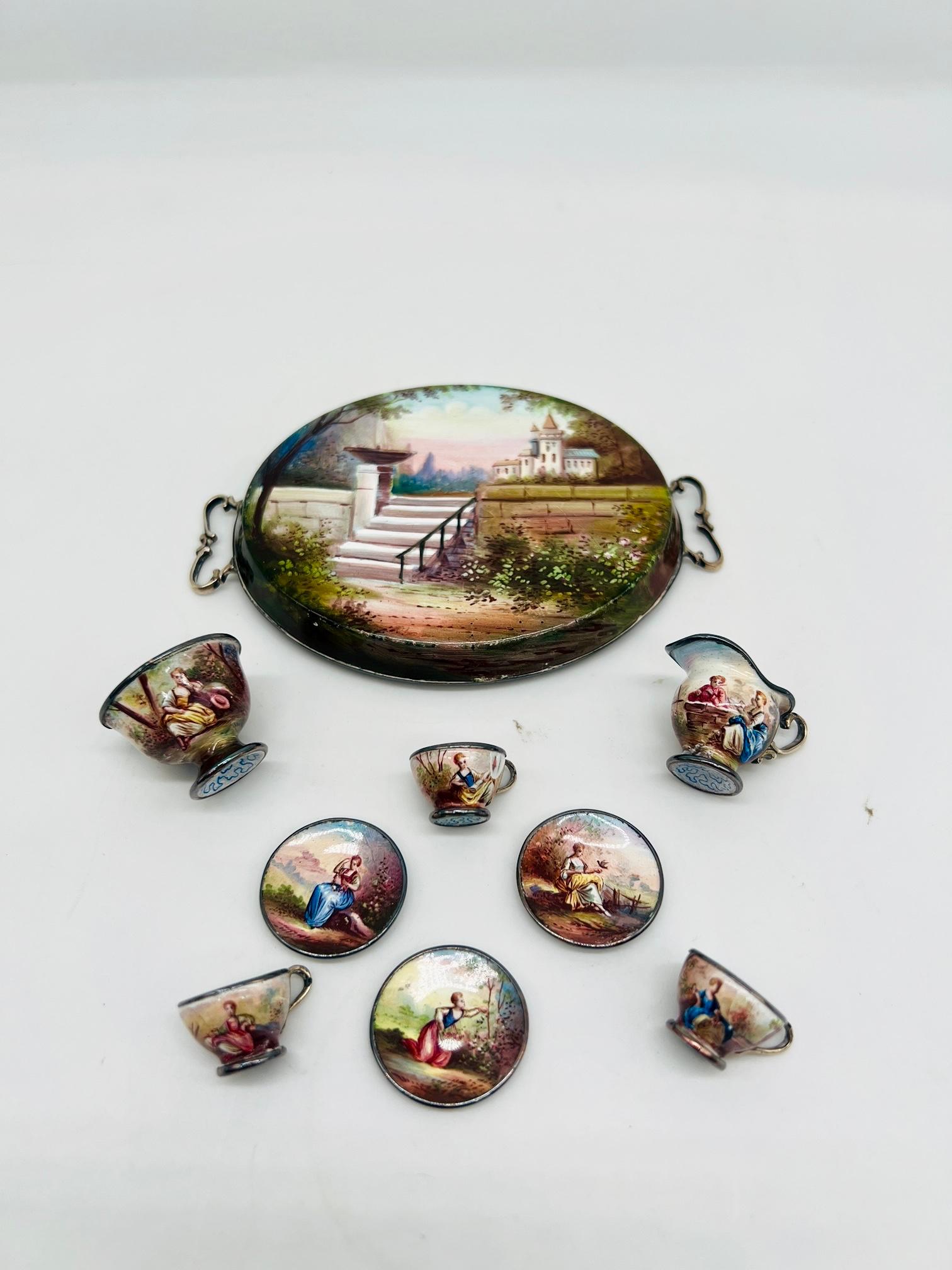 Renaissance Revival Ludwig Politzer, Viennese Enamel Sterling Silver 19th Century Miniature Tea Set