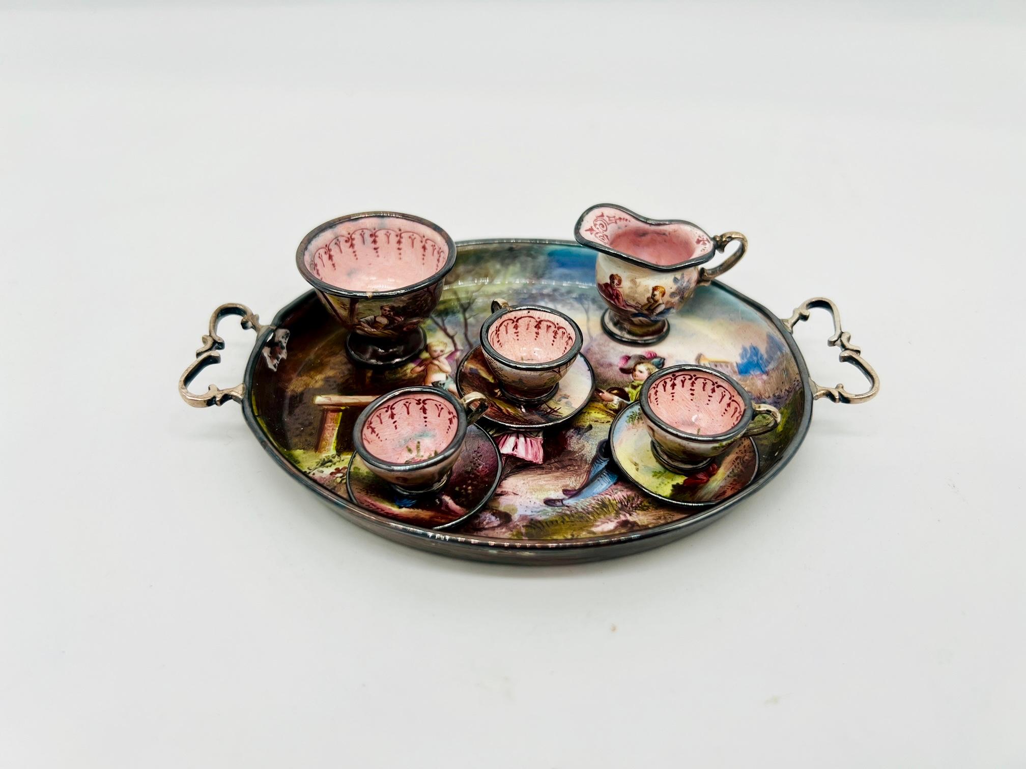 Austrian Ludwig Politzer, Viennese Enamel Sterling Silver 19th Century Miniature Tea Set