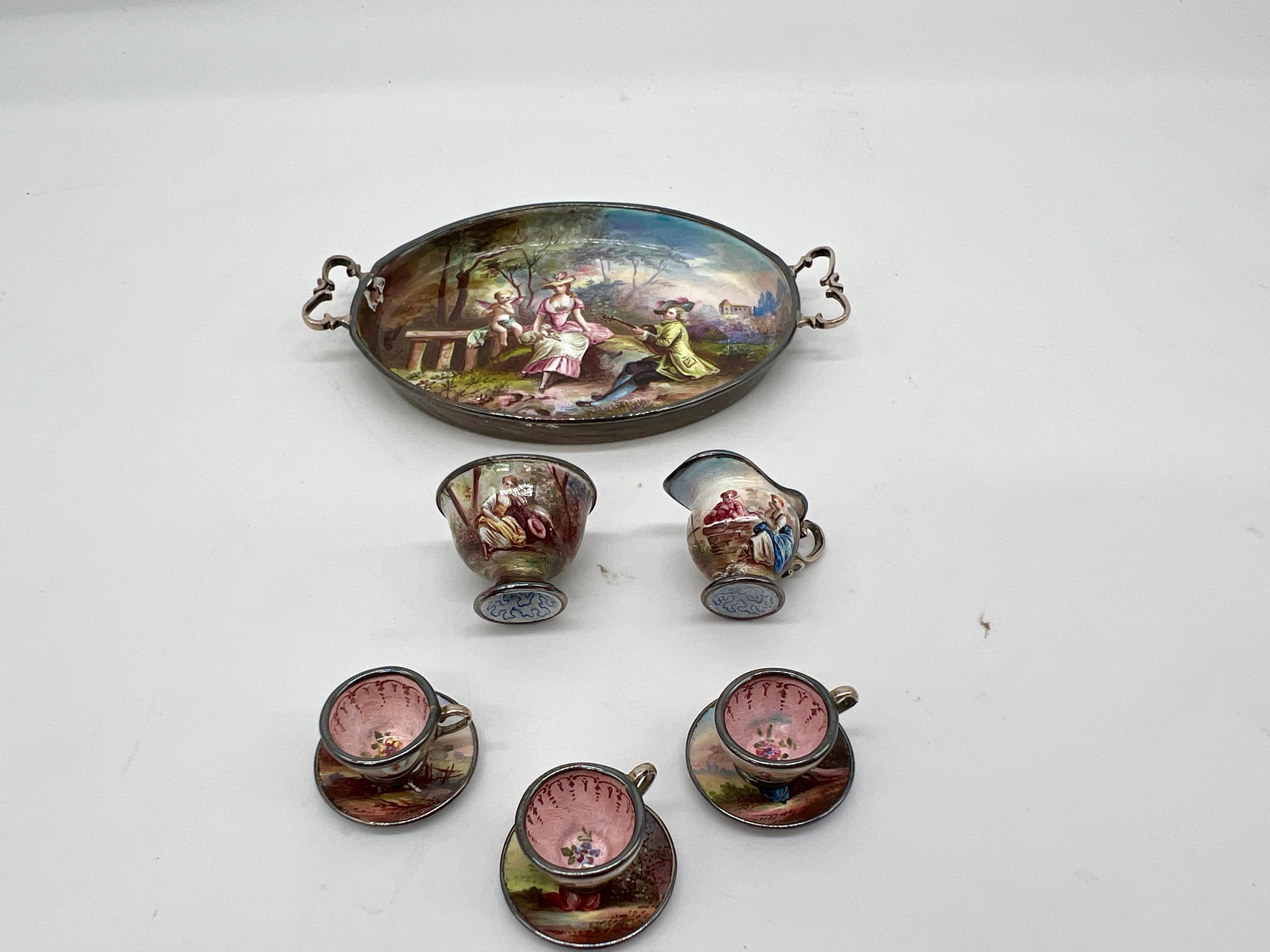 Ludwig Politzer, Viennese Enamel Sterling Silver 19th Century Miniature Tea Set In Good Condition In Atlanta, GA