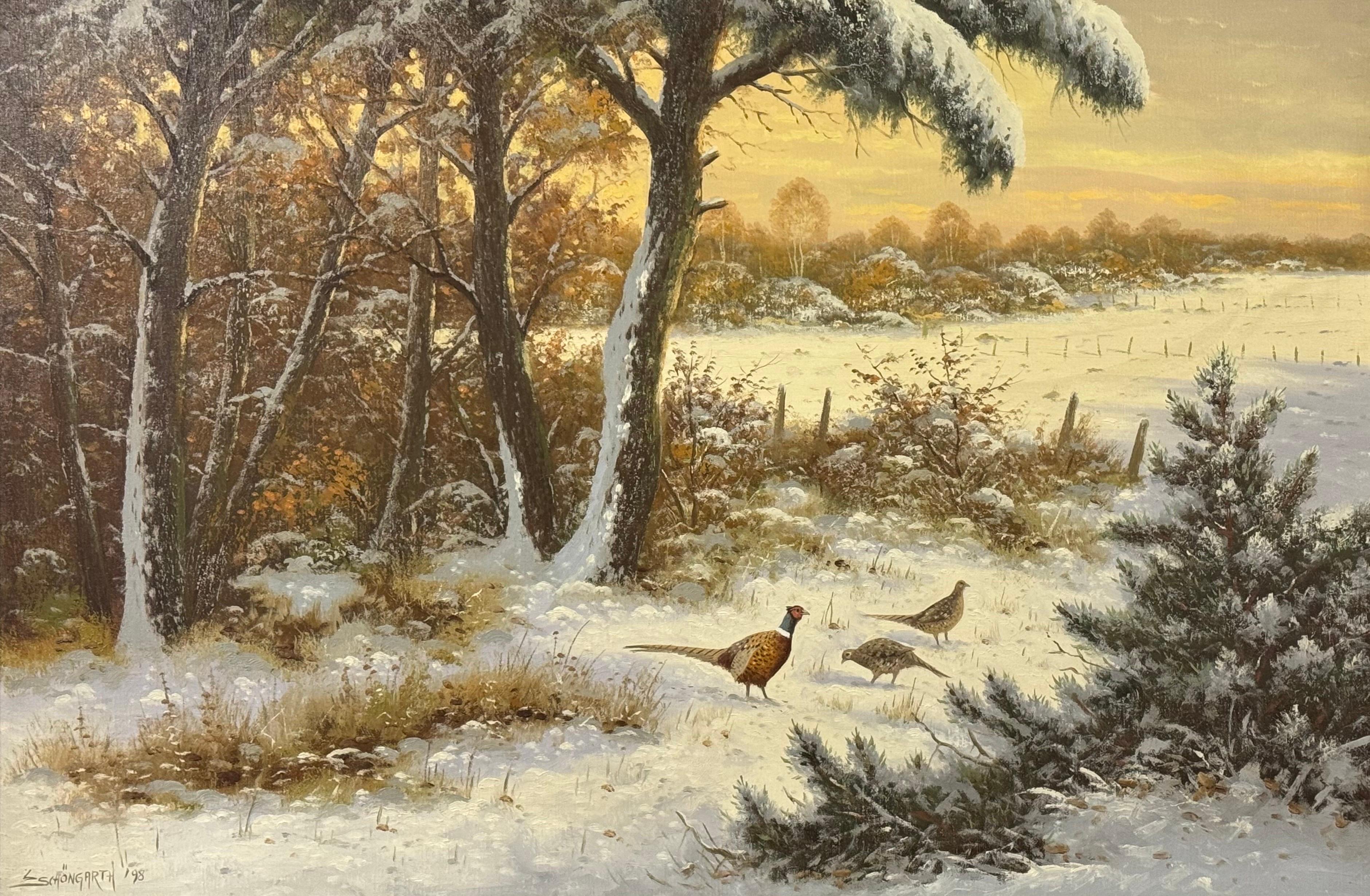 Scena di neve invernale con fagiani e cielo dorato di un artista tedesco del XX secolo - Painting di Ludwig Schöngarth