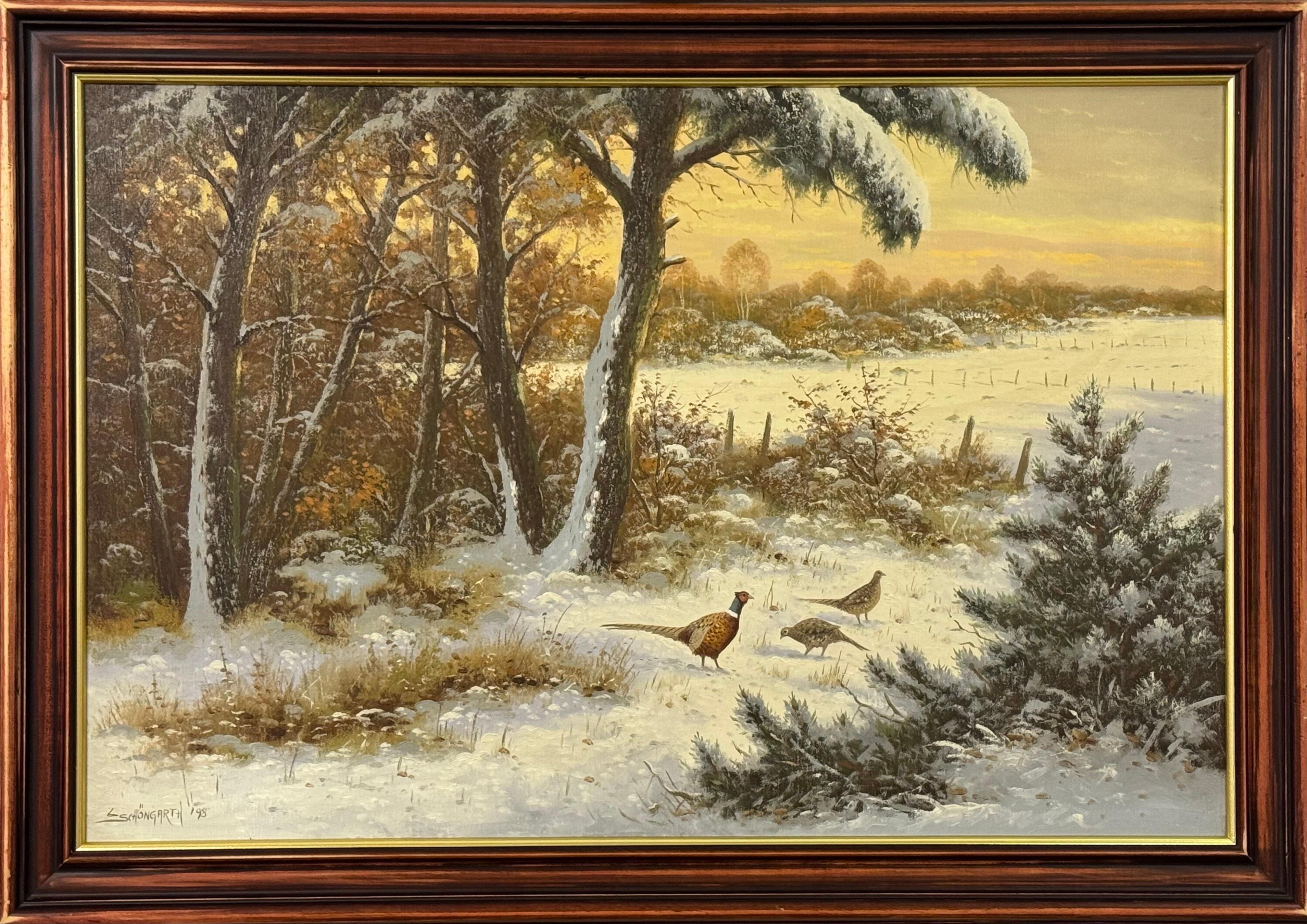 Scena di neve invernale con fagiani e cielo dorato di un artista tedesco del XX secolo - Painting Realismo di Ludwig Schöngarth