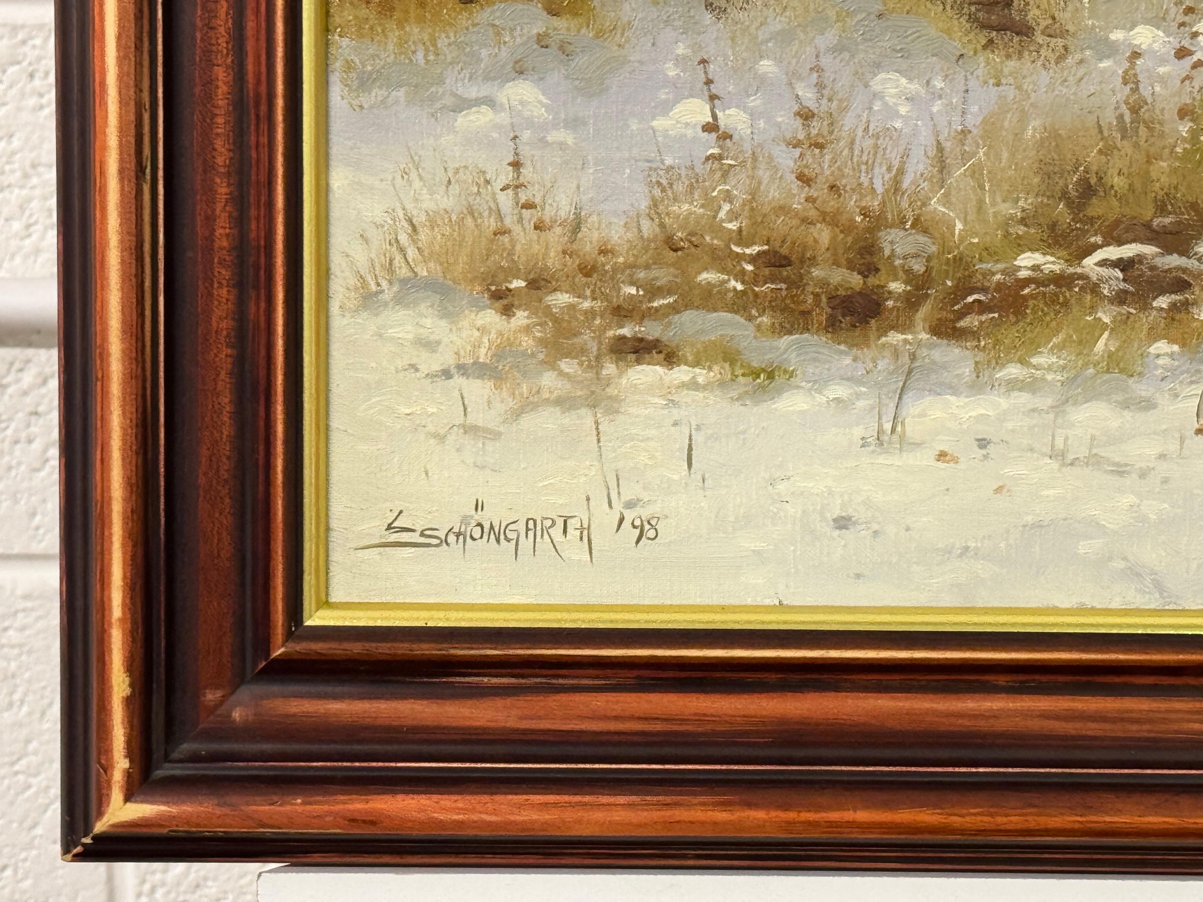 Scena di neve invernale con fagiani e cielo dorato di Ludwig Schöngarth, artista tedesco del XX secolo, 1937-2003 

L'arte misura 36 x 24 pollici
La cornice misura 40 x 28 pollici

Questo splendido dipinto originale di Ludvig Schöngarth cattura la
