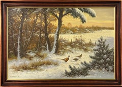 Scène de neige d'hiver avec faisans au ciel doré par un artiste allemand du 20e siècle