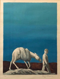 Surrealist German Israeli Lithograph Man and Horse in Landscape