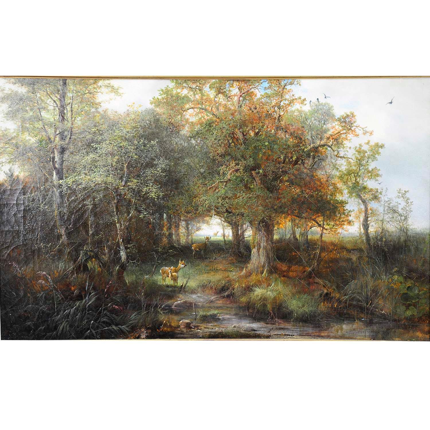 Ludwig Sellmayr, Hirsch mit Reh und Reh im Wald, um 1880

Ein naturalistisches Ölgemälde, das eine Hirschfamilie im Wald darstellt. Öl auf Leinwand von Ludwig Sellmayr (München 1834 - 1901). Gerahmt mit antikem, reich verziertem und vergoldetem