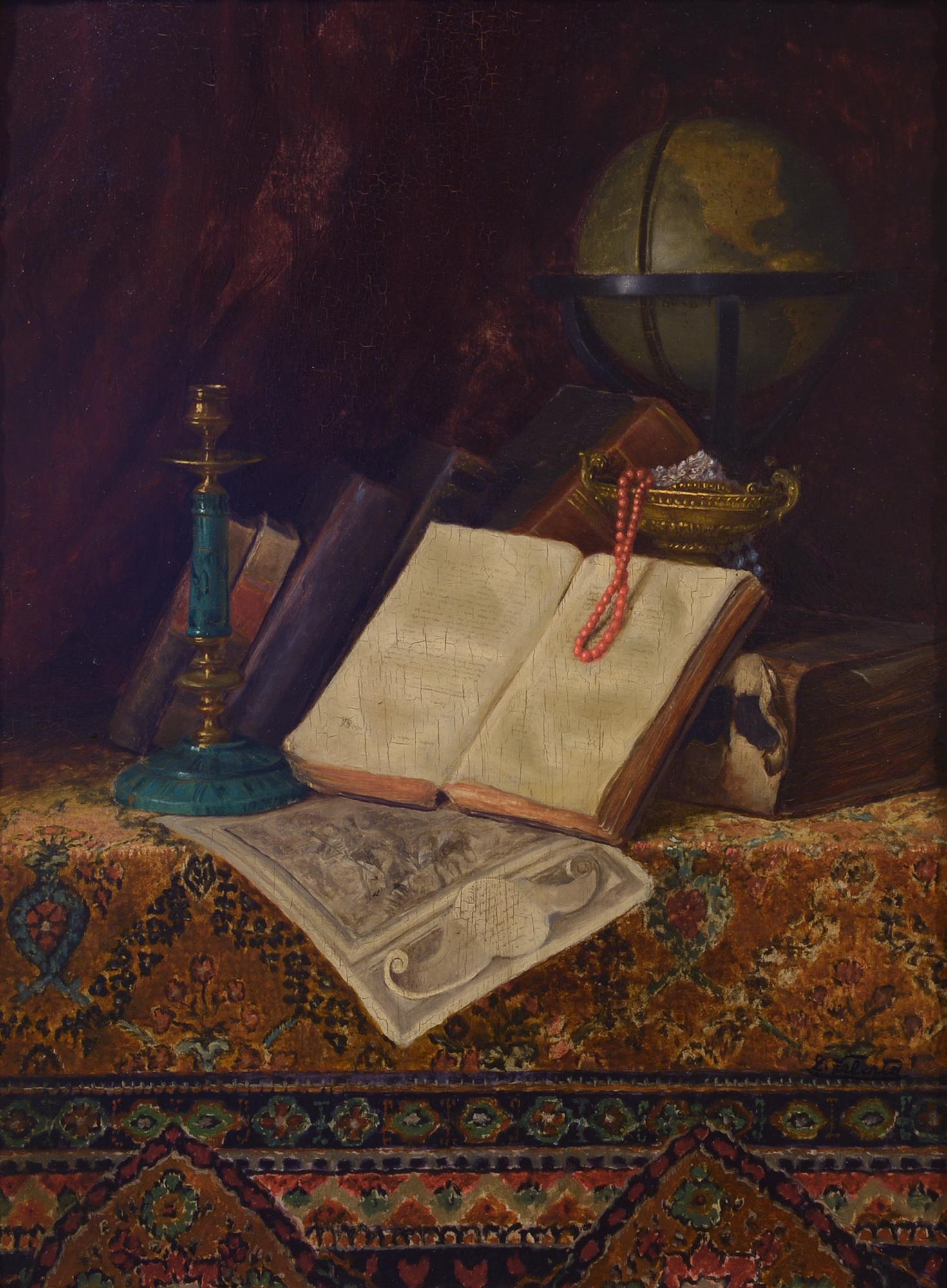 Ludwig Valenta Interior Painting - Still Life with Globe, Interior, Early 20th Century, Realist, Oil