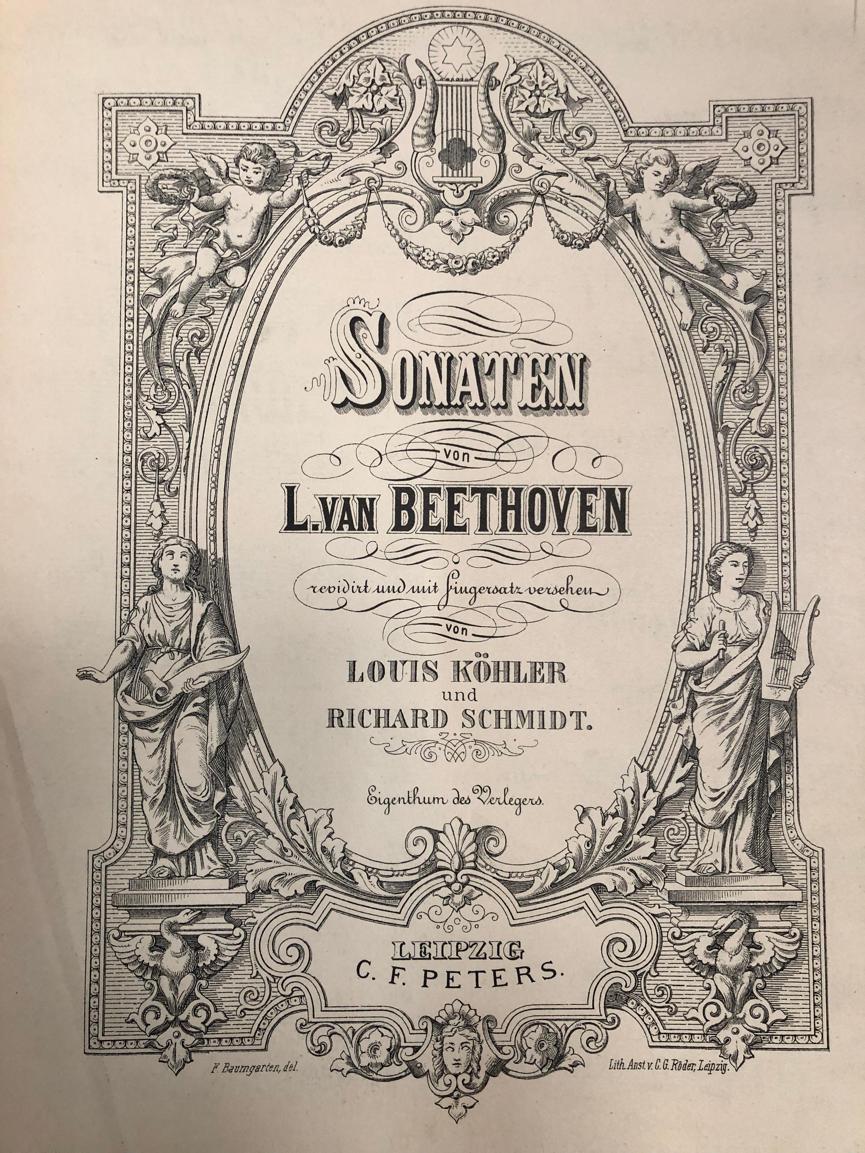 Vintage Leipzig C. F. Peters Beehoven Sonaten Sheet Music Book
Heavy dark green book with gilt gold lettering on cover. 
Title page is illustrated in brown and black.
No print date, circa late 1820 Sheet Music Book.

Heavy hardcover book with
