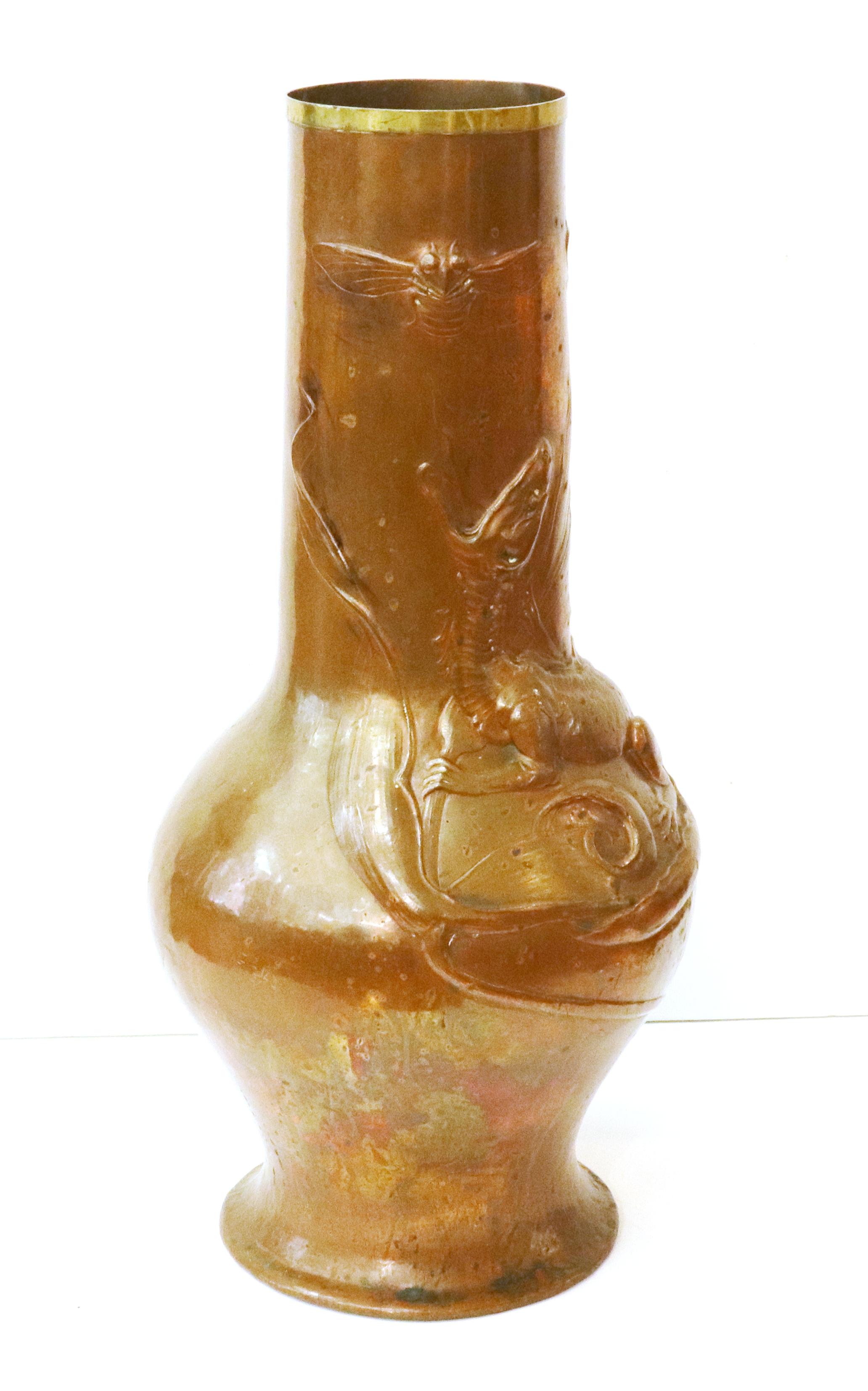 Brass Ludwig Vierthaler German Jugendstil Lizard & Dragonfly Repousse Copper Vase For Sale