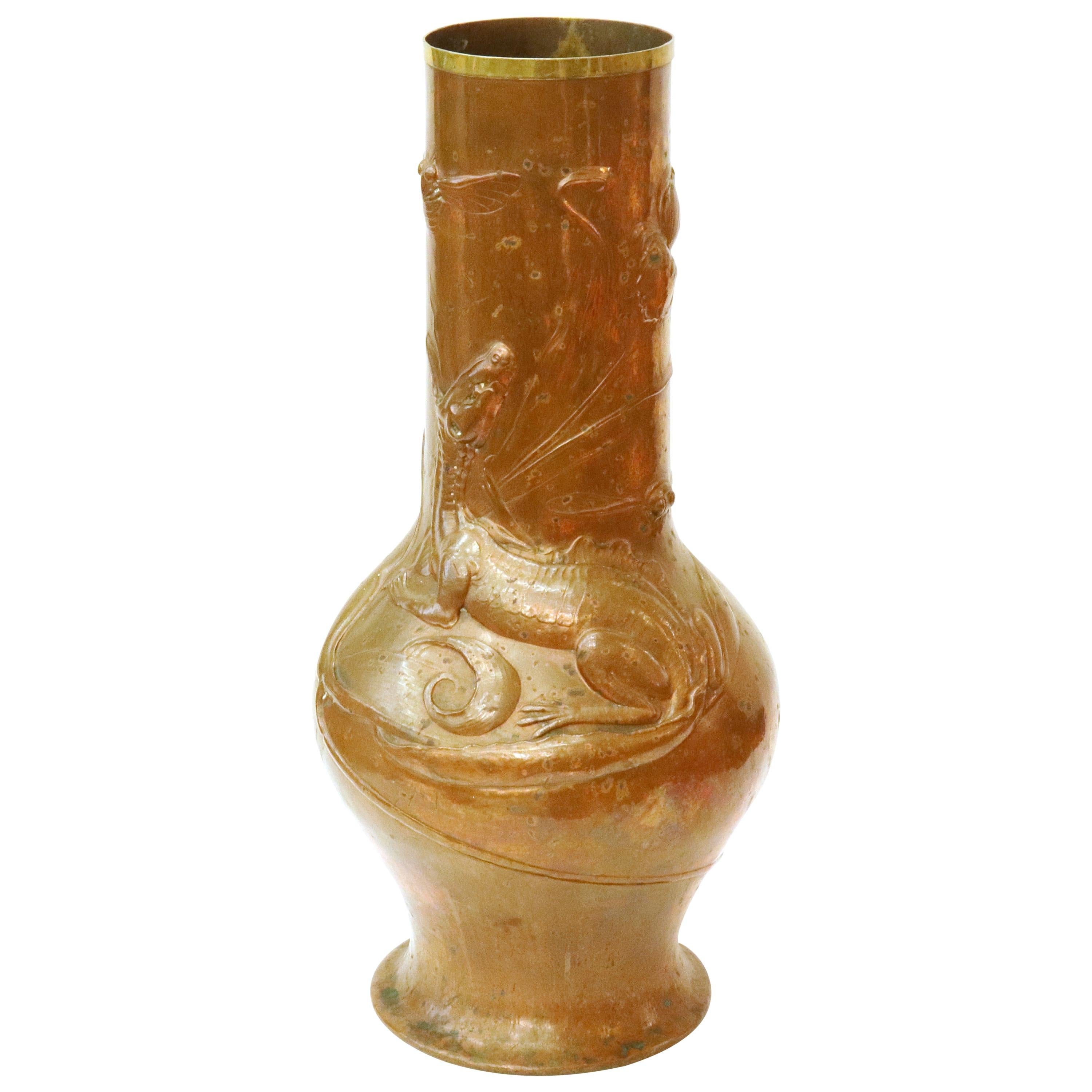 Ludwig Vierthaler German Jugendstil Lizard & Dragonfly Repousse Copper Vase For Sale