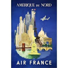 1947 original poster Air France flights to North America - Paris - New York