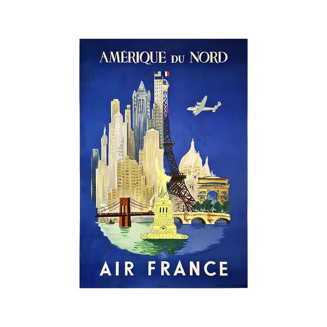 1947 original poster Air France flights to North America - Paris - New York - Print by Lue Marie Bayle