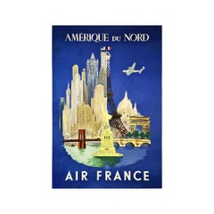 Affiche originale d'Air France représentant des vols en Amérique du Nord, Paris - New York, 1947