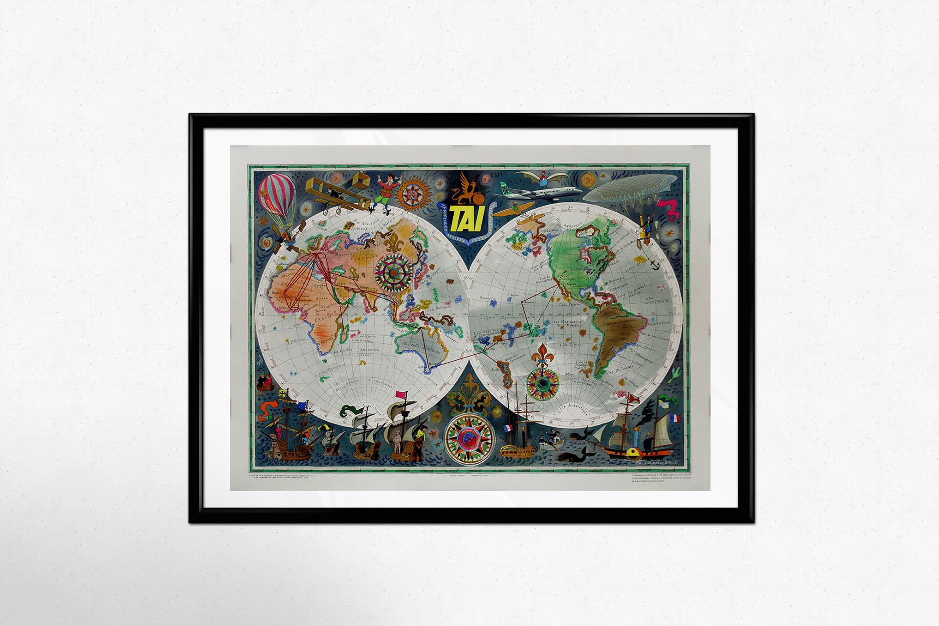 Este cartel original de 1950, creado por Luc-Marie Bayle, celebra el alcance mundial de TAI (Transports Aériens Intercontinentaux), una de las compañías aéreas pioneras de Francia. Con su elaborado y decorativo diseño cartográfico, el póster es una