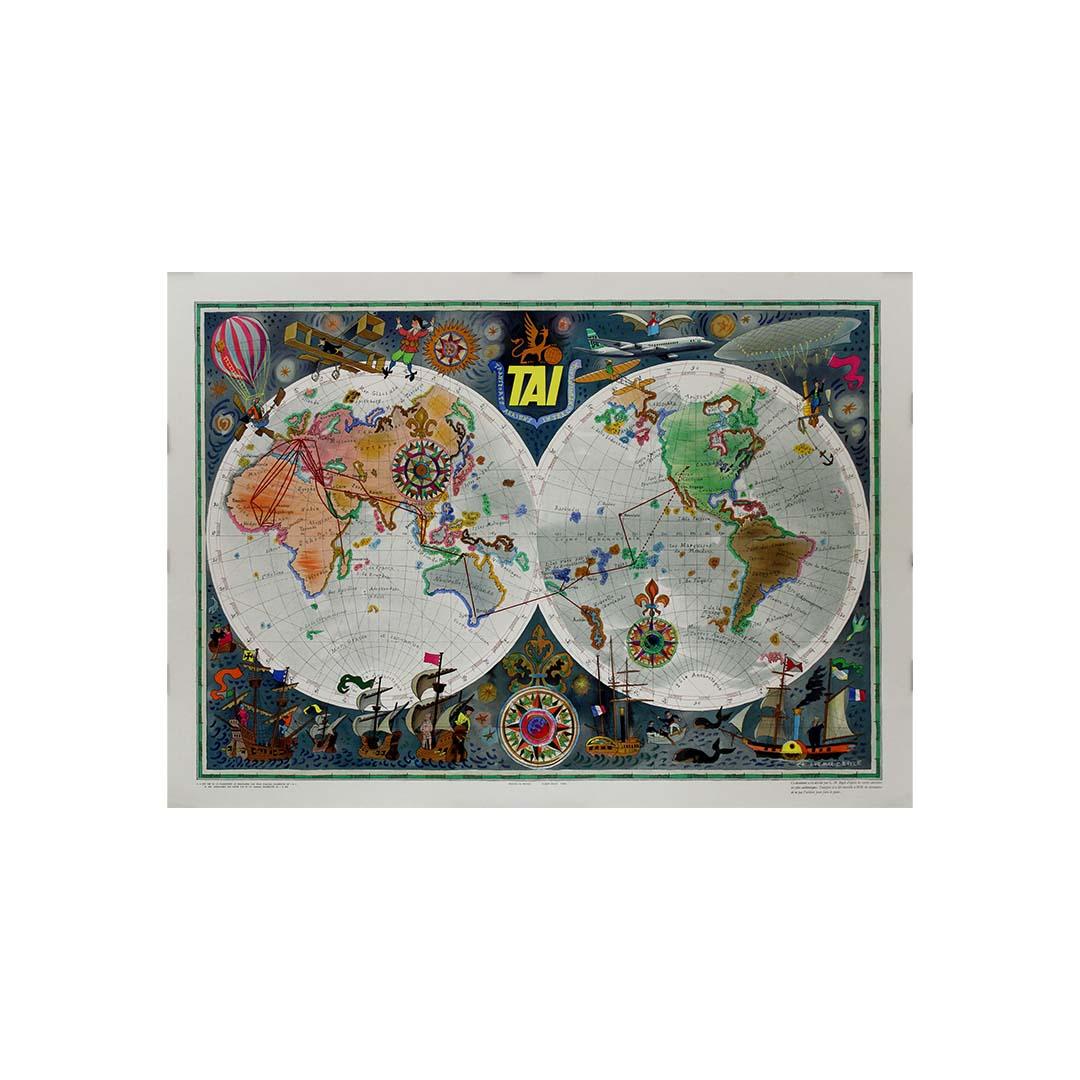 Cartel original de 1950 de Luc-Marie Bayle para TAI - Mapa del mundo en venta 2