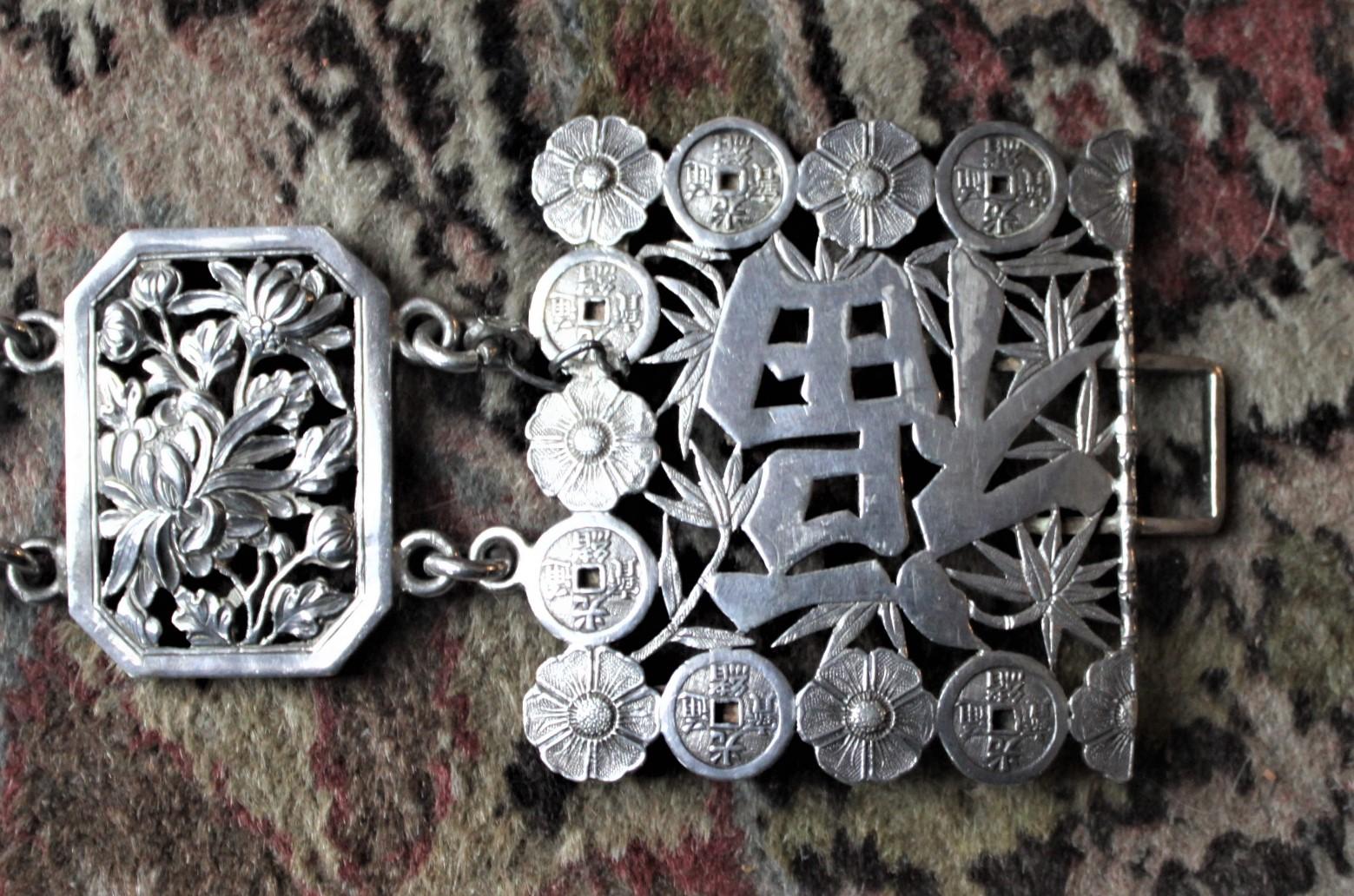 19th Century Luen Wo Signed Antique Ladies Sterling Silver Chinese Export Belt For Sale