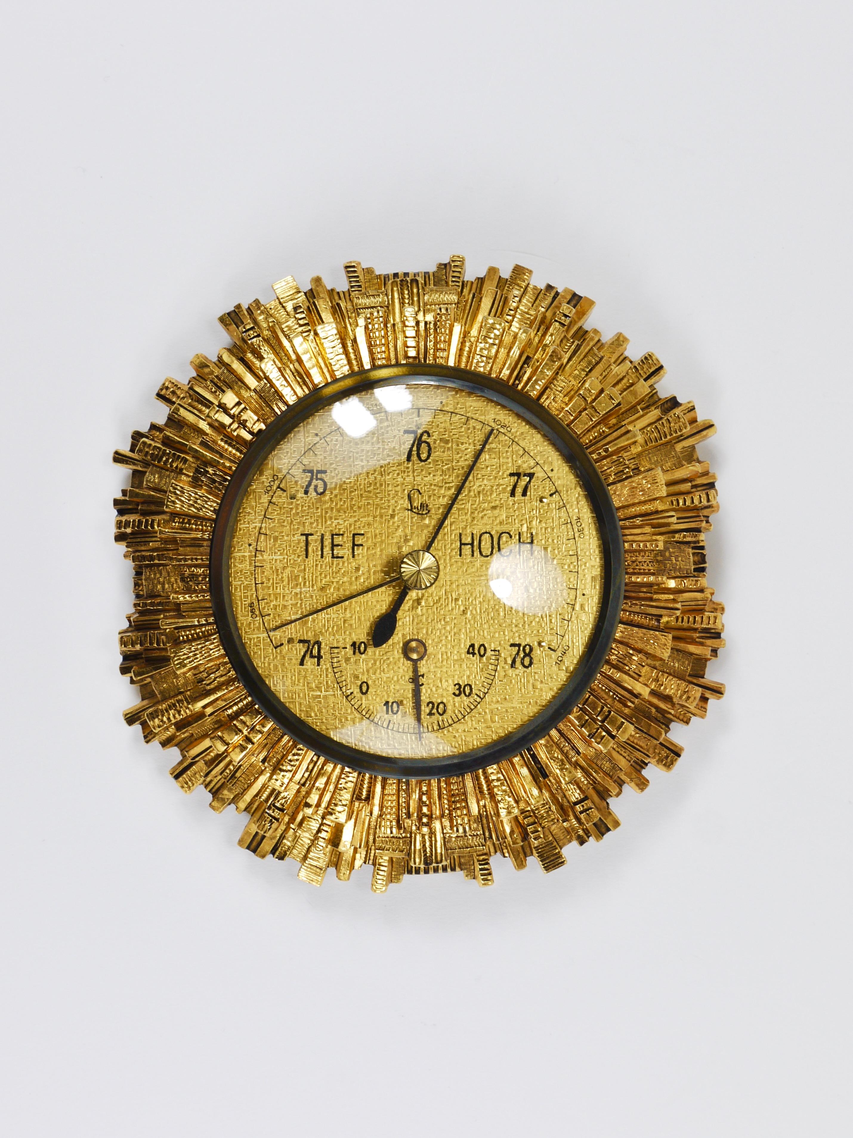 Station météo murale, baromètre et thermomètre, en laiton doré, Lufft, années 1950 en vente 6