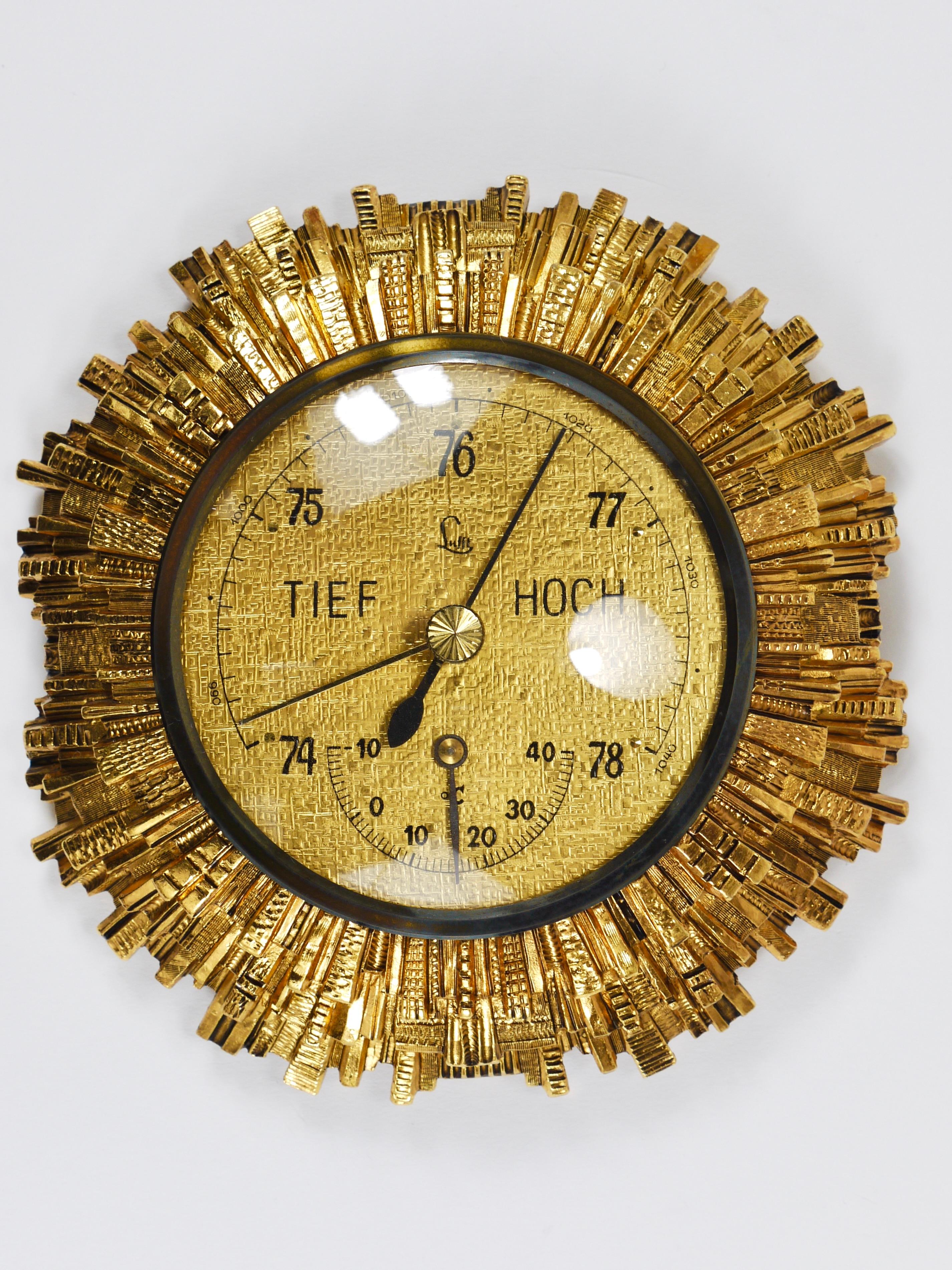 Station météo murale, baromètre et thermomètre, en laiton doré, Lufft, années 1950 en vente 8