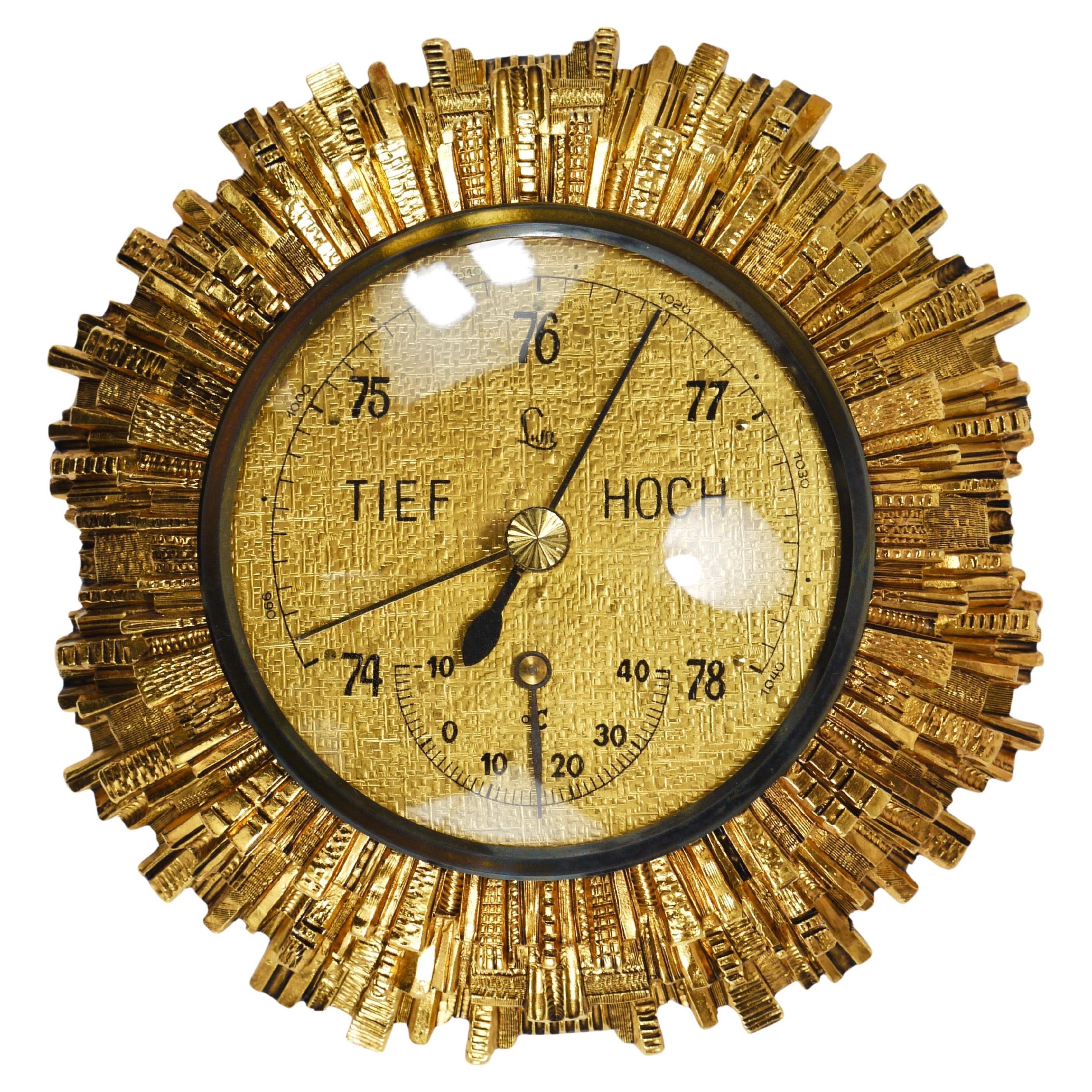 Lufft Sunburst Golden Brass Wall Weather Station, Barometer & Thermometer, 1950s