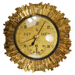 Lufft Sunburst Golden Brass Wall Weather Station, Barometer & Thermometer, 1950s