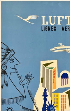 LUFTHANSA GERMAN AIRLINES PARIS NEW YORK Original Vintage Airline Travel Poster