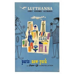 LUFTHANSA GERMAN AIRLINES PARIS NEW YORK Original Vintage Airline Travel Poster