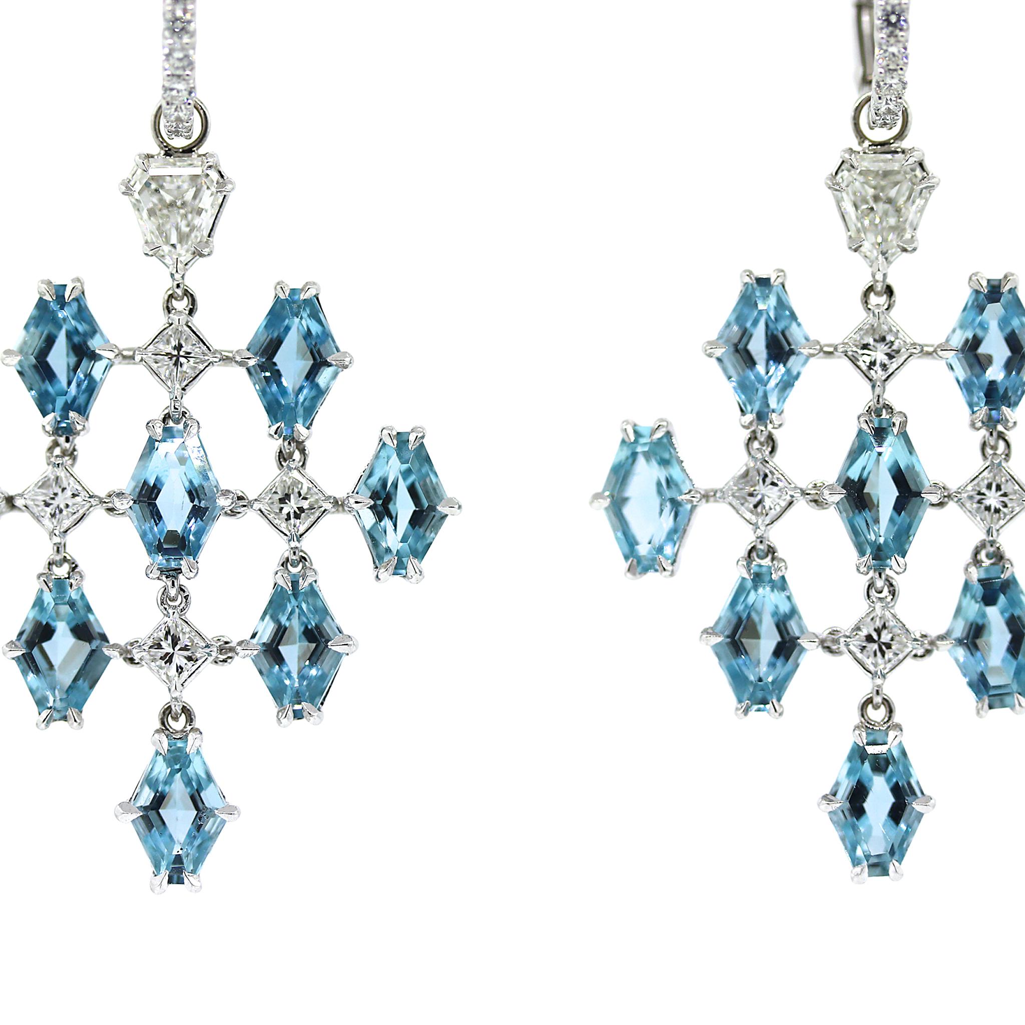 Mixed Cut Lugano Aquamarine and Diamond 18k White Gold Earrings For Sale