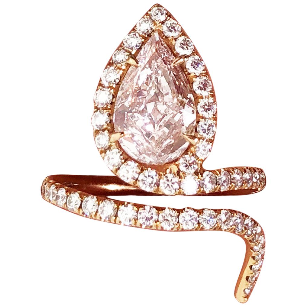 Lugano GIA Natural Fancy Light Pink Pear Shape Diamond Ring in 18 Karat Gold