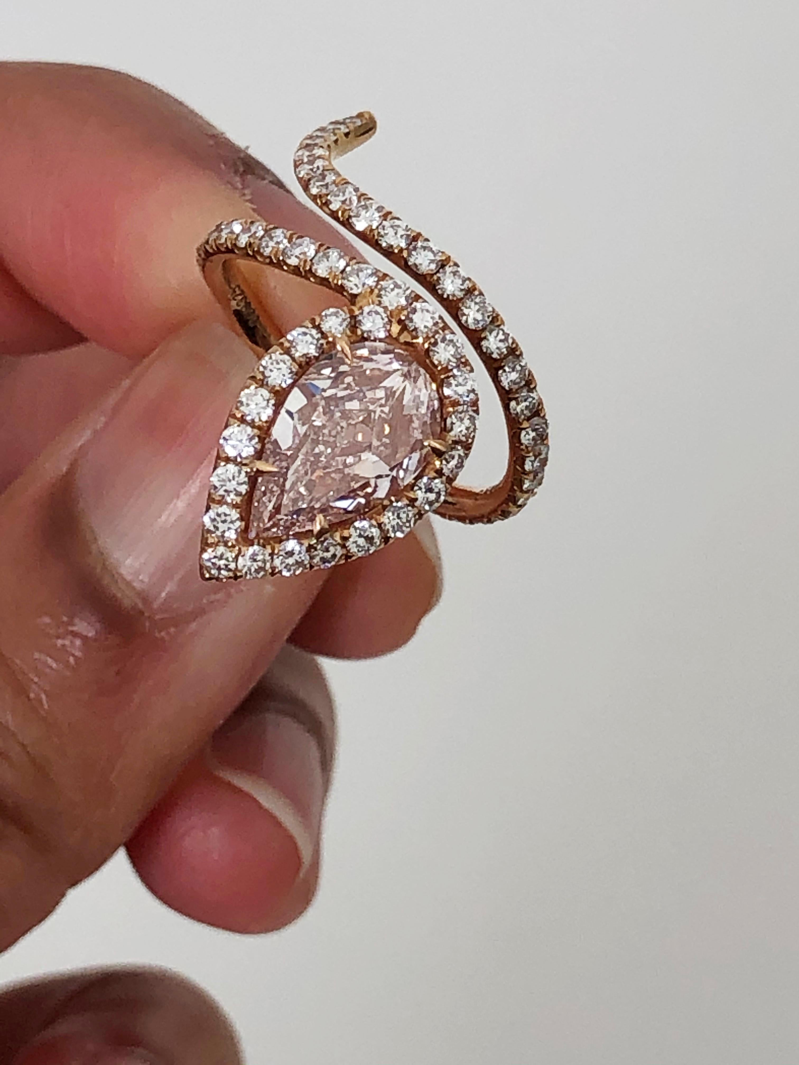 Women's or Men's Lugano GIA Natural Fancy Light Pink Pear Shape Diamond Ring in 18 Karat Gold