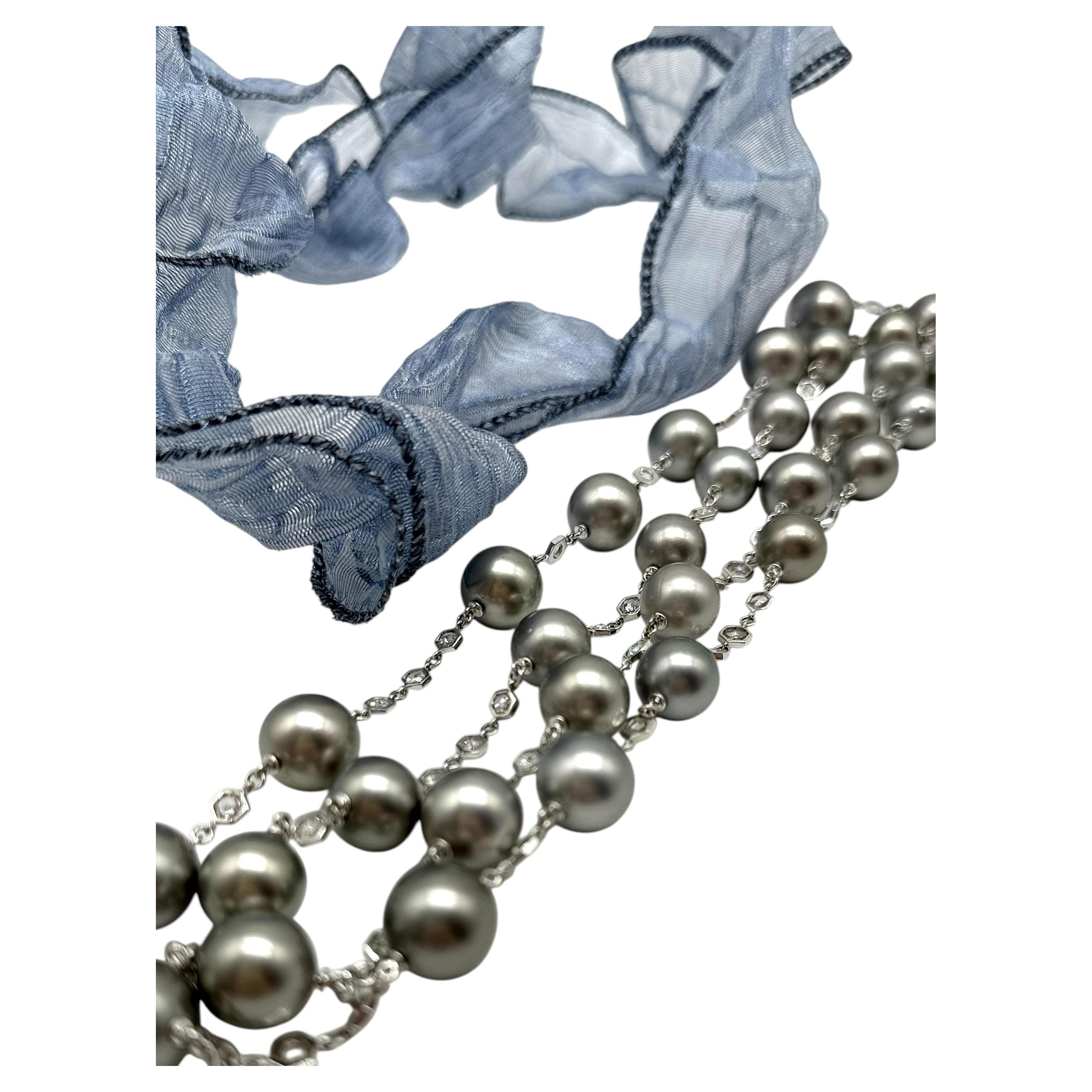 Collana con perla tahitiana grigia "Lugano" e diamanti taglio rosa, 13 mm, 105 cm in vendita