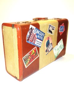 Luggage circa Mid-20th Century Woven Canvas on Wood, Leather with Voyage Labels