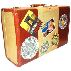 Retro Luggage circa Mid-20th Century Woven Canvas on Wood, Leather with Voyage Labels