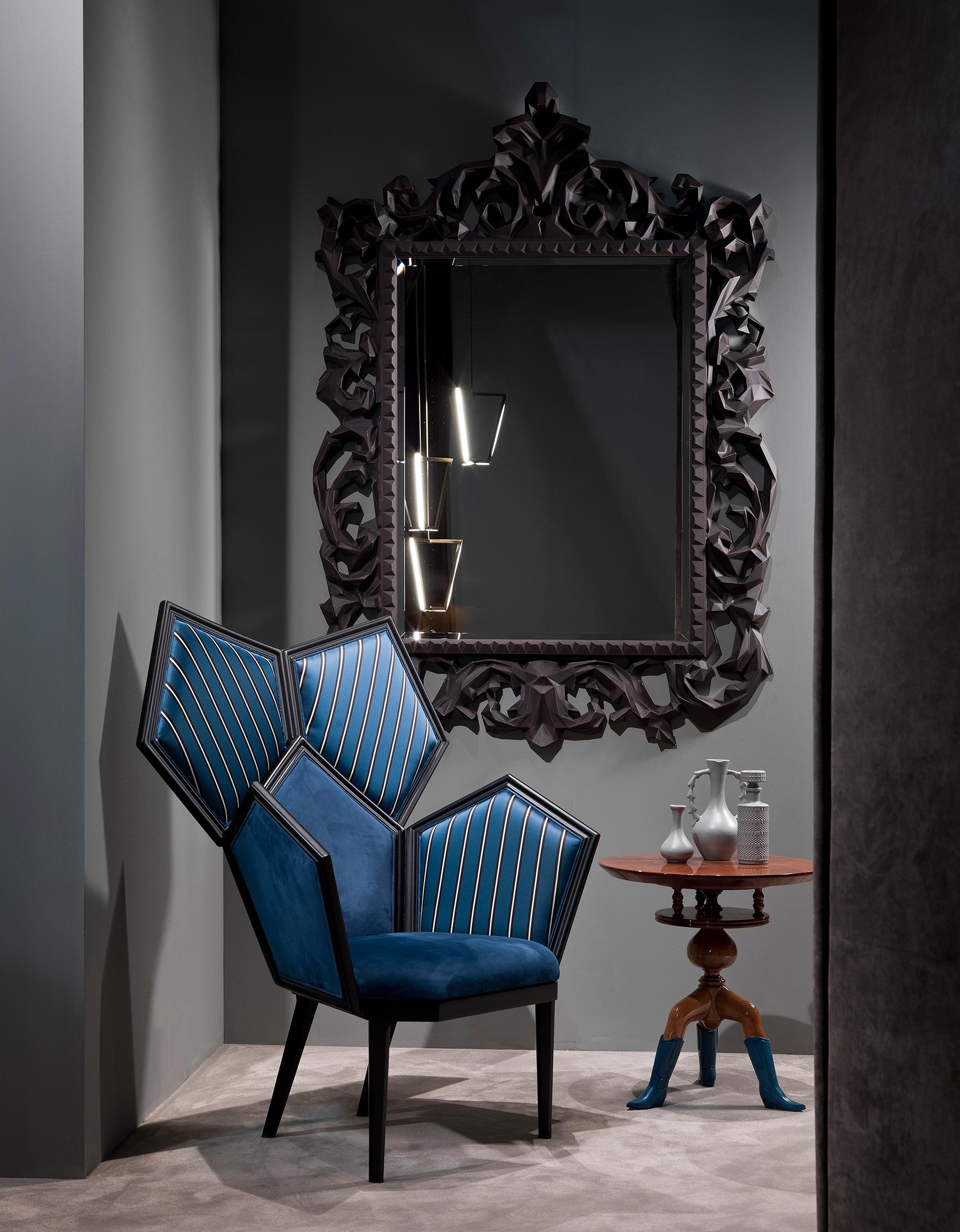 Italian LUI 5/A Blue Upholstered and Lacquered Armchair Composed of Pentagons For Sale
