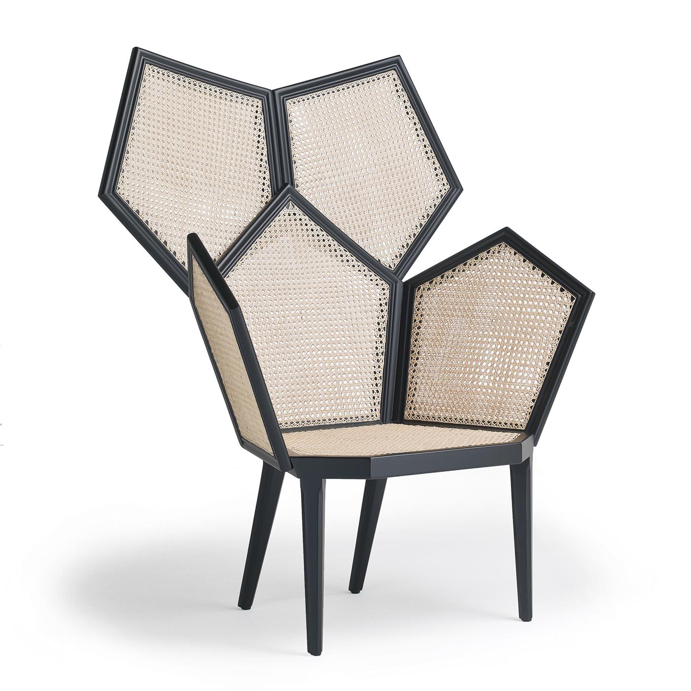 Part of the Lui collection of stunning modular armchairs, this piece celebrates the rigor and harmony of geometry with a unique structure in matte black lacquered wood that uses the pentagon as a primary element. From the pentagonal seat (40 cm