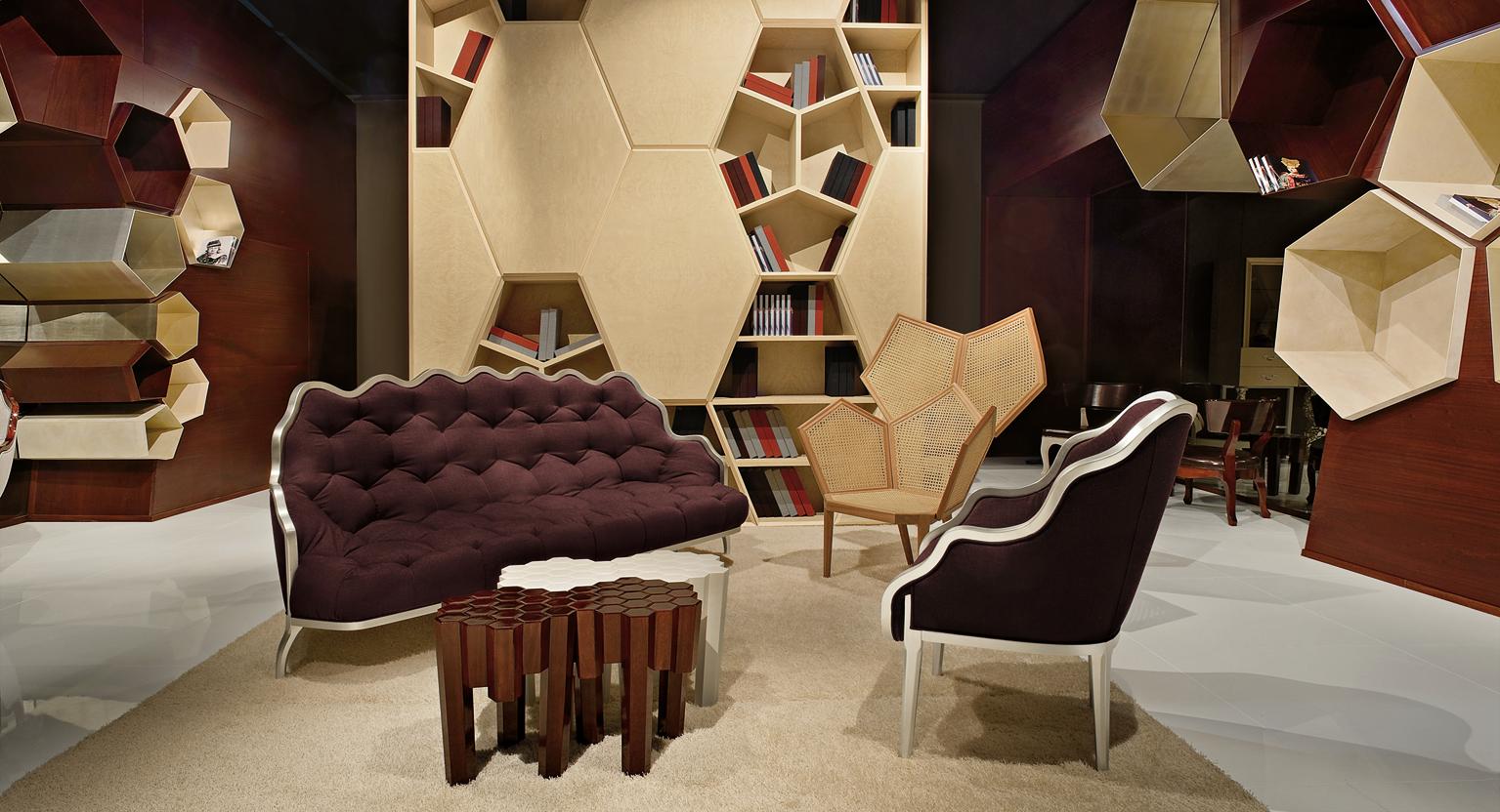 Modern LUI 6/A Upholstered Armchair composed of Hexagons in dark American Walnut For Sale