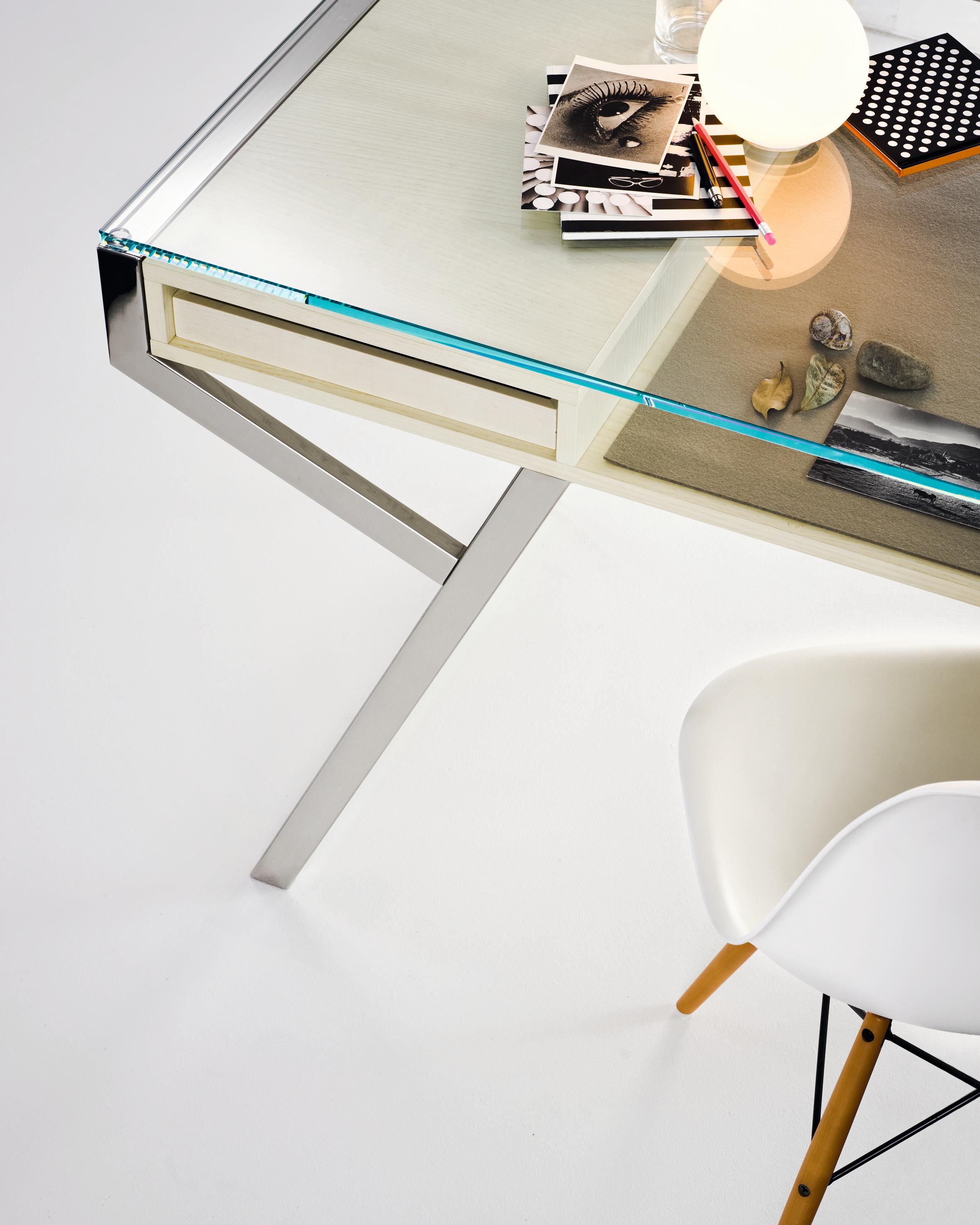 Modern Lui Desk in Natural Ash with Steel Structure and Smoked Glass Top For Sale